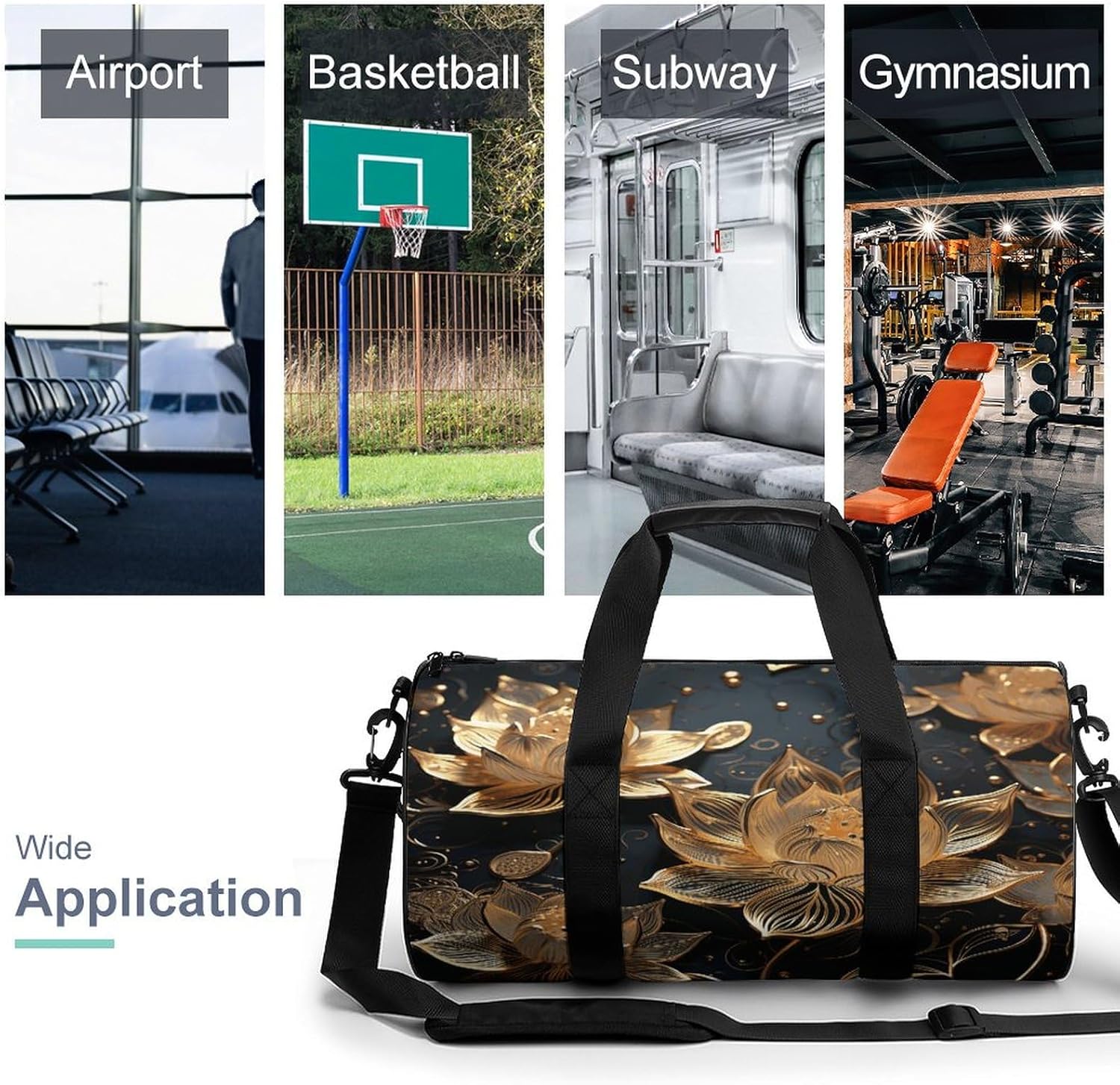 Aesthetic Sports Bag for Women Boho Gold Flowers Printed Duffle Travel Bag for Men Women Mini Workout Bags Cylindrical Gym Bag