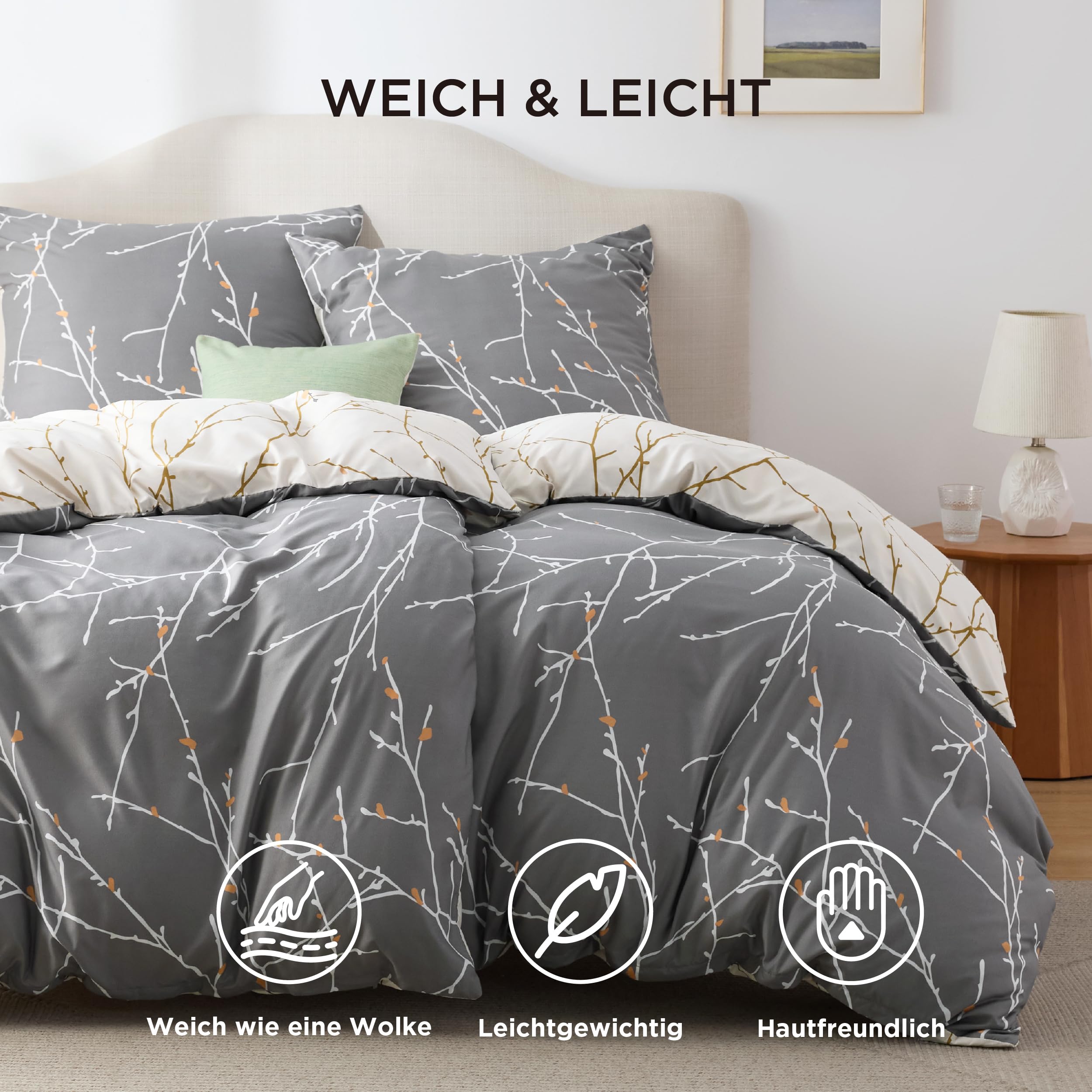 BEDSURE Bettwäsche 135x200 4teilig Bettbezug - Bettwäsche-Sets 135 x 200 cm 2er Set mit 2 Kissenbezüge 80x80cm, ÖKO-TEX Wendebettwäsche Bedding Zweige Grau Muster mit Reißverschluss
