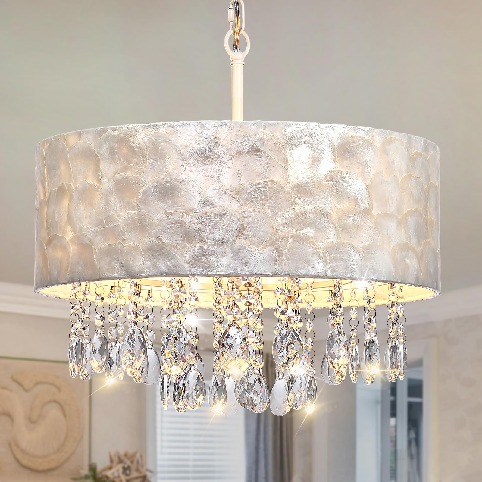 Q&S Boho Coastal Capiz Shell Crystal Chandelier,Modern Glam Drum 4-Light Pendant Light Fixture for Dining Room Living Room Bedroom Kitchen Island Foyer UL Listed