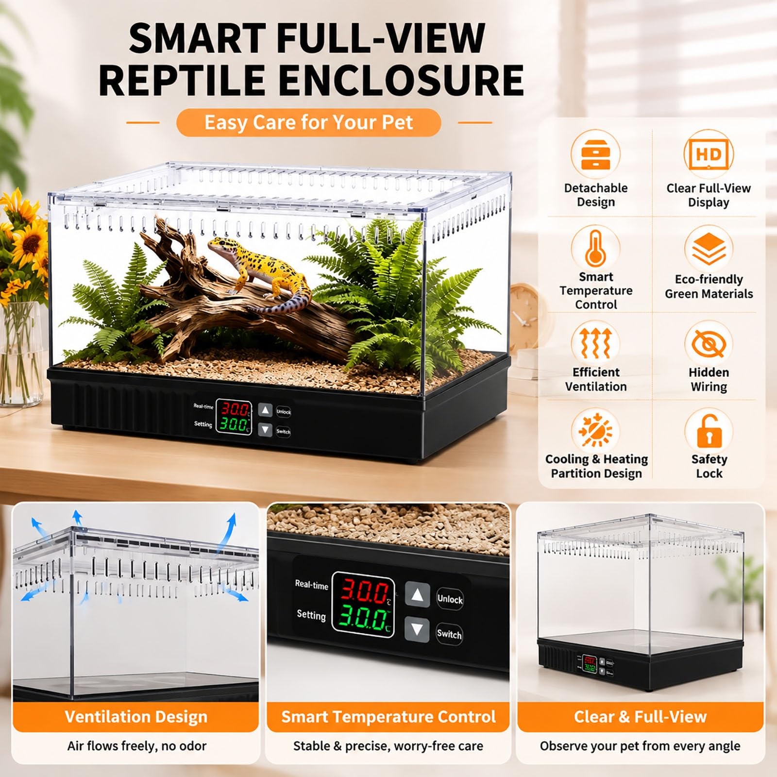 Terrario de Reptiles con Termostato Inteligente, Vivario de Doble Zona con Calefacción y Enfriamiento, Hábitat Transparente de Vista Completa, Temperatura Ajustable 15℃-55℃ para Gecko Leopardo(Black)