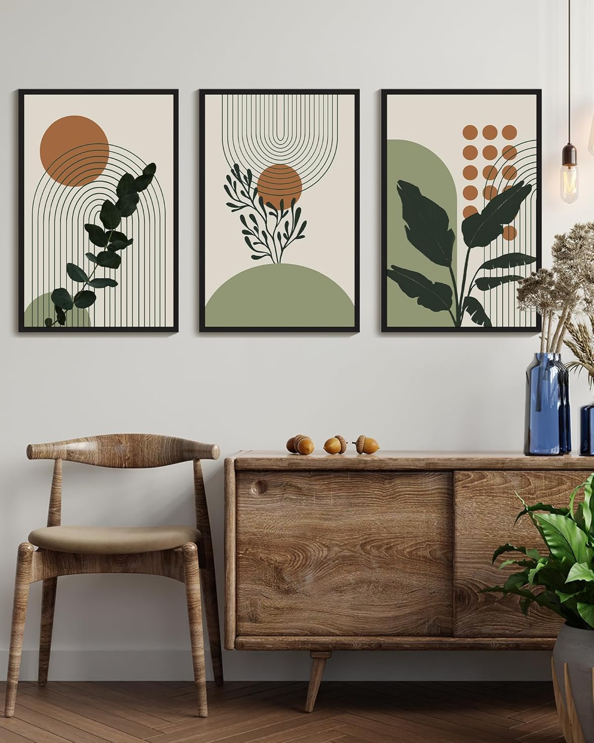 PHOPAGO Boho Plant Wall Art Green Botanical Bohemain Framed Wall Printing 16x24in Abstract Canvas Prints with Leaf & Sun Lines Bedroom Living Room Decor - Black Framed