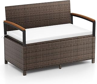 Tangkula 46 Gallon Outdoor Bench with Storage, Outdoor PE Rattan Storage Bench with Cushion, Backrest & Acacia Wood Armrests, Metal Frame, Waterproof Deck Box Seat for Porch Backyard Poolside