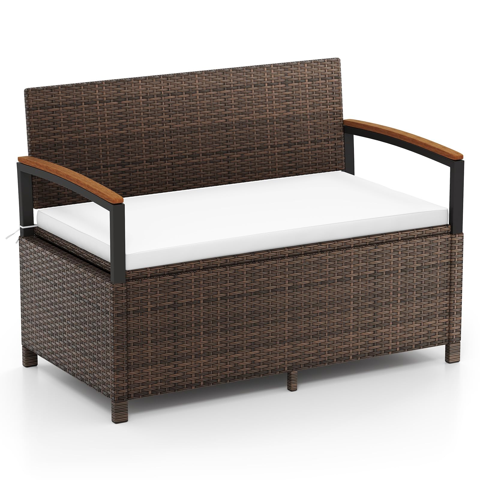 COSTWAY Banco de Almacenamiento Exterior Ratán, 175 L Baúl para Terraza con Cojín, Respaldo y Reposabrazos de Madera de Acacia, Sofá de Mimbre PE con Almacenamiento Oculto y Bolsa Impermeable (Blanco)
