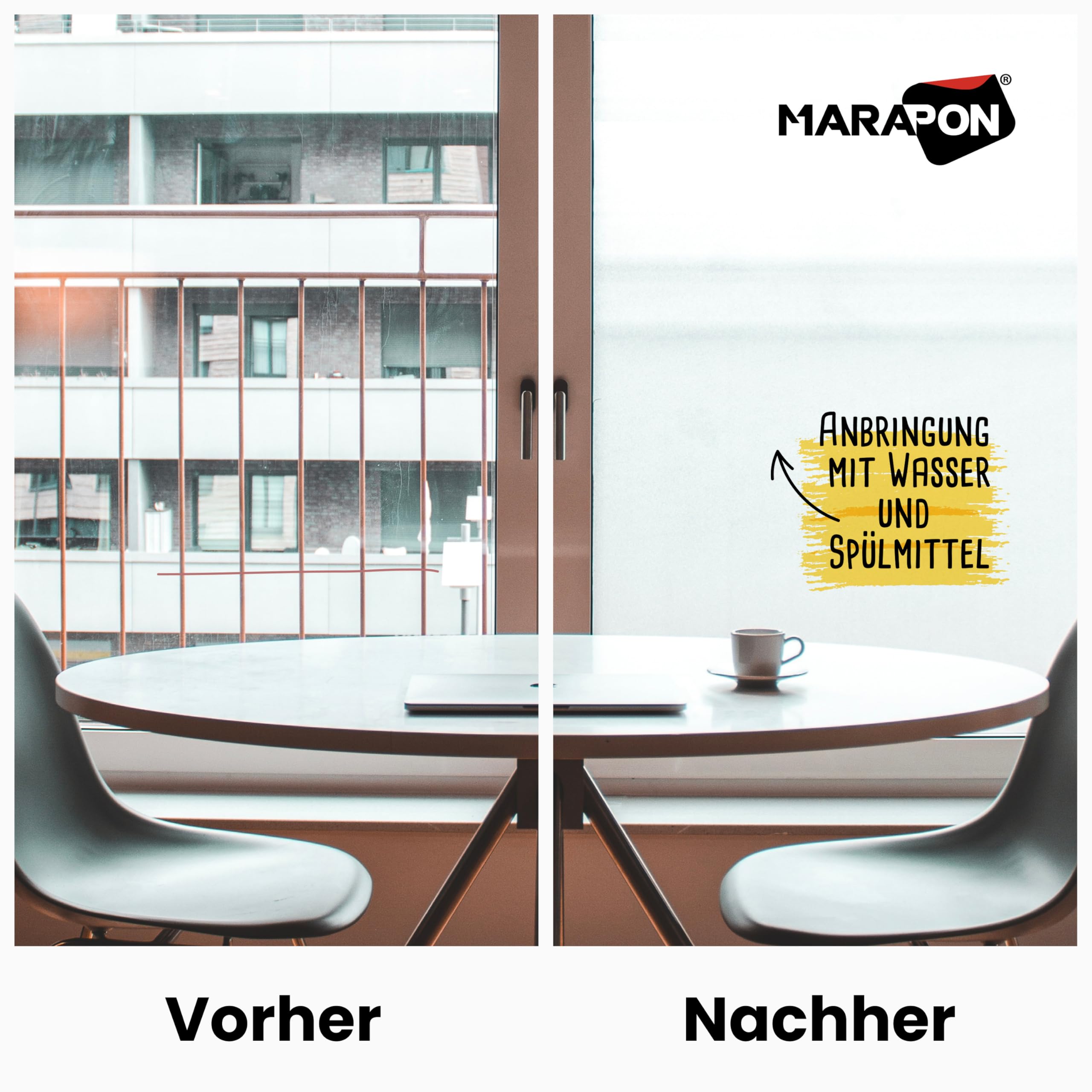 MARAPON® Lámina Opaca para Ventanas (0,90 x 4 m), Incluye Libro electrónico y vídeo Instrucciones (Idioma español no garantizado), lámina Adhesiva para privacidad para Ventanas, Cocina, baño, Oficina