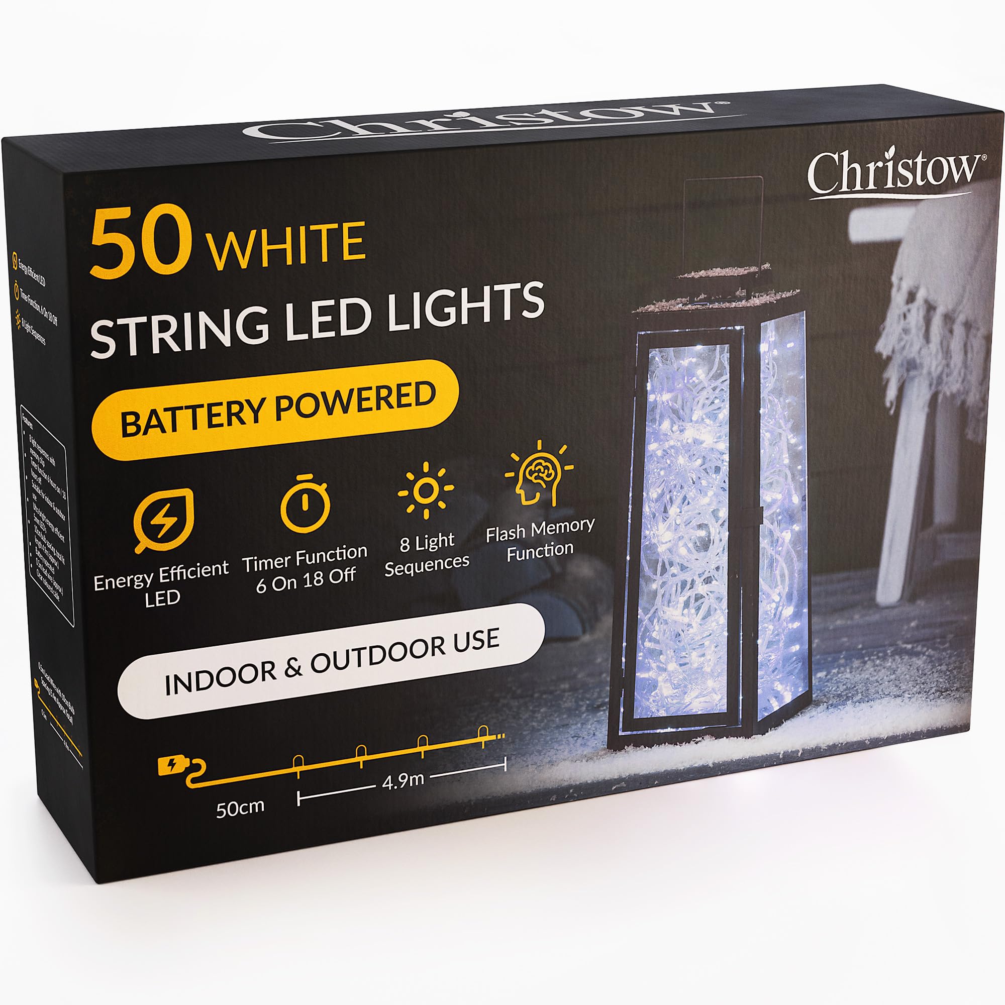 CHRISTOW Christmas Fairy Lights Battery Operated, White LED String Lighting with Timer, Indoor & Outdoor, 8 Light Modes Flashing & Static Glow, Clear Cable (50 LED / 5m Lit Length)