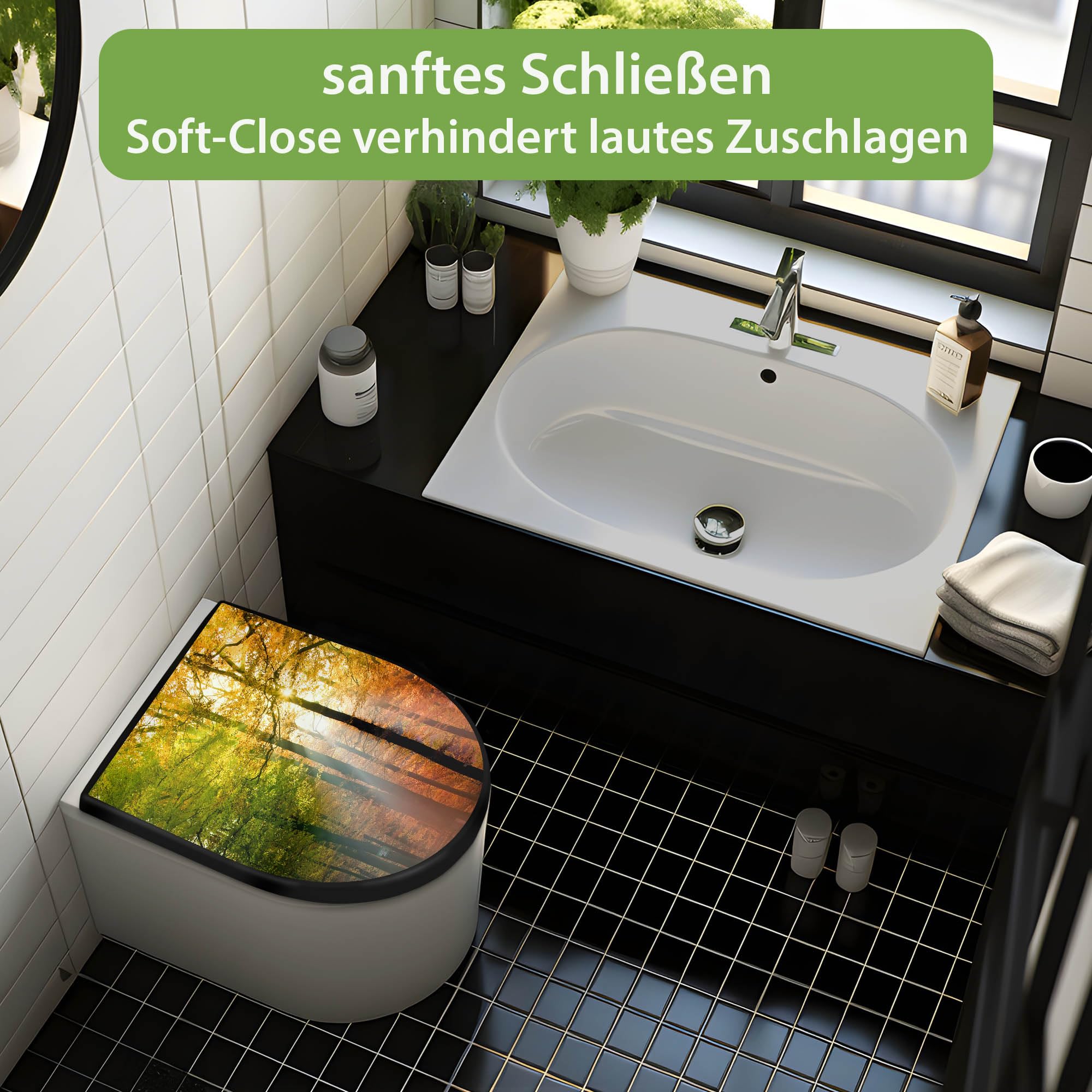 banjado WC Sitz mit Absenkautomatik D Form - Toilettendeckel mit Absenkautomatik D Form - Klodeckel Softclose - stabile Klobrille - Toilettensitz Schwarz - Motiv Herbstwald