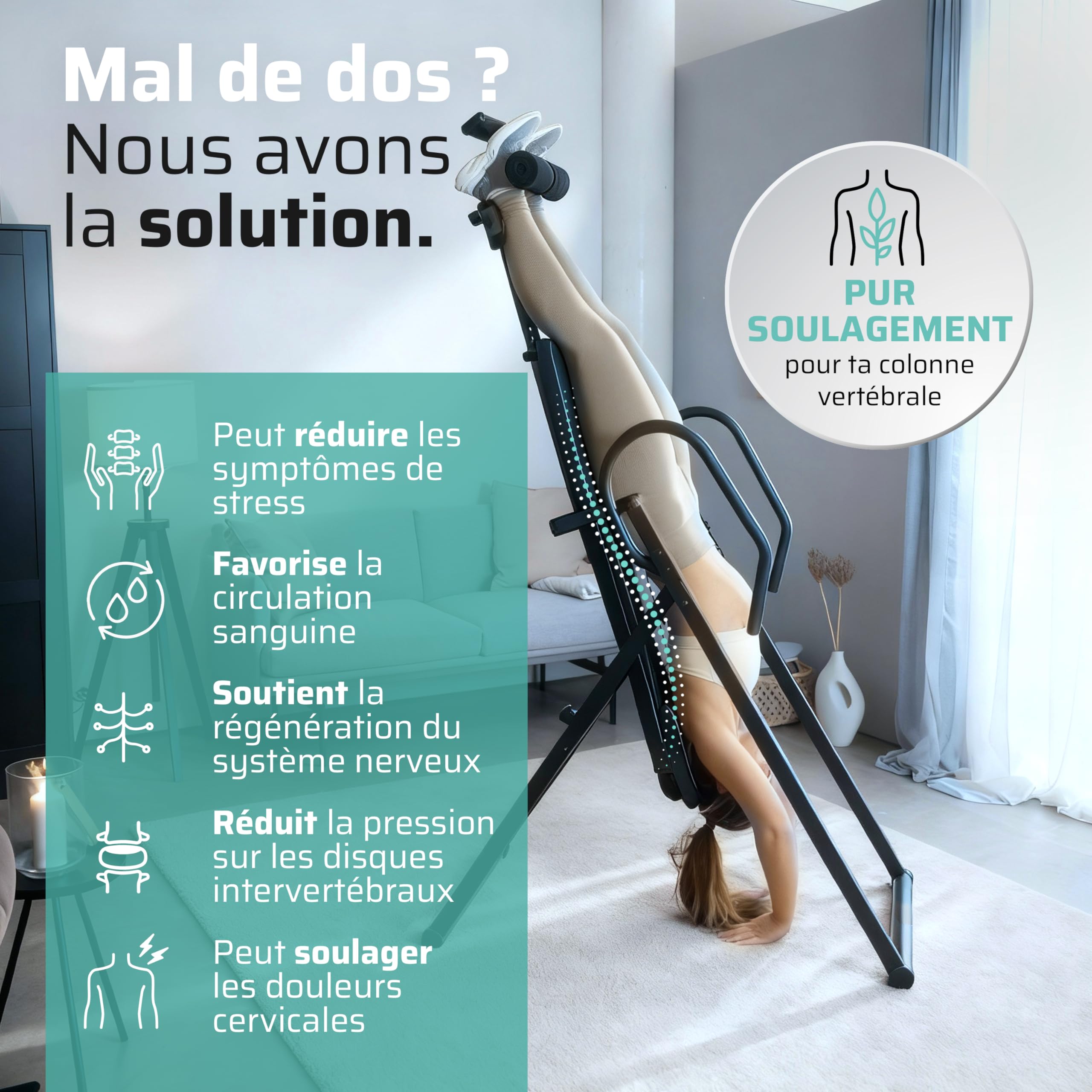 SportPlus Table d'inversion, Appareil d'entraînement par gravité Pliable, avec 4 Angles d'inversion, Banc d'étirement pour soulager la Colonne vertébrale, Poids de l'utilisateur jusqu'à 135 kg