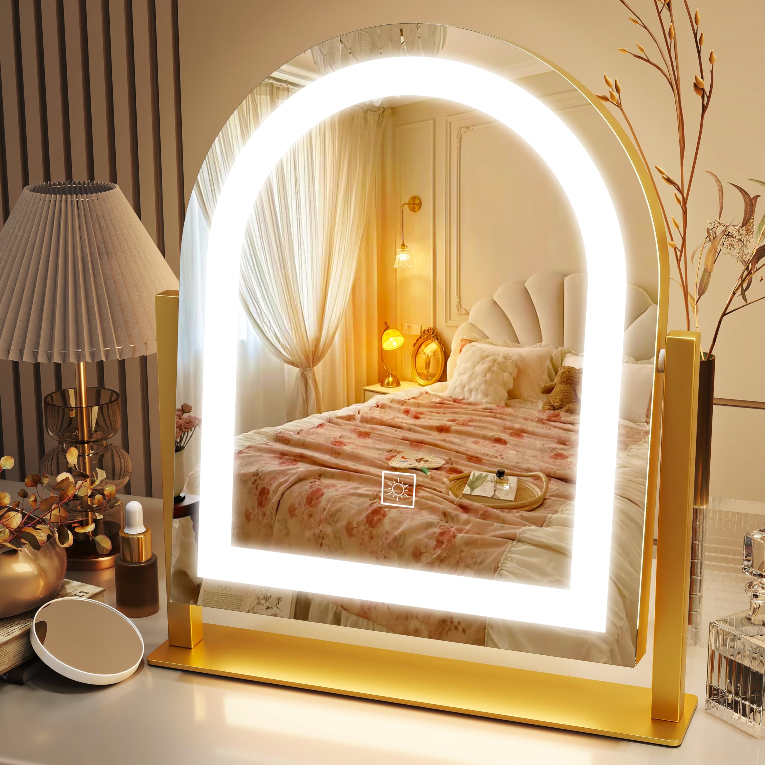 ROLOVE Lighted Makeup Mirror with 3-Color Dimmable Lighting, with Removable 10x Magnifier, Smart Touch Control, 360° Rotation, 15" x 13" Hollywood Vanity Mirror for Tabletop Desk(Gold)