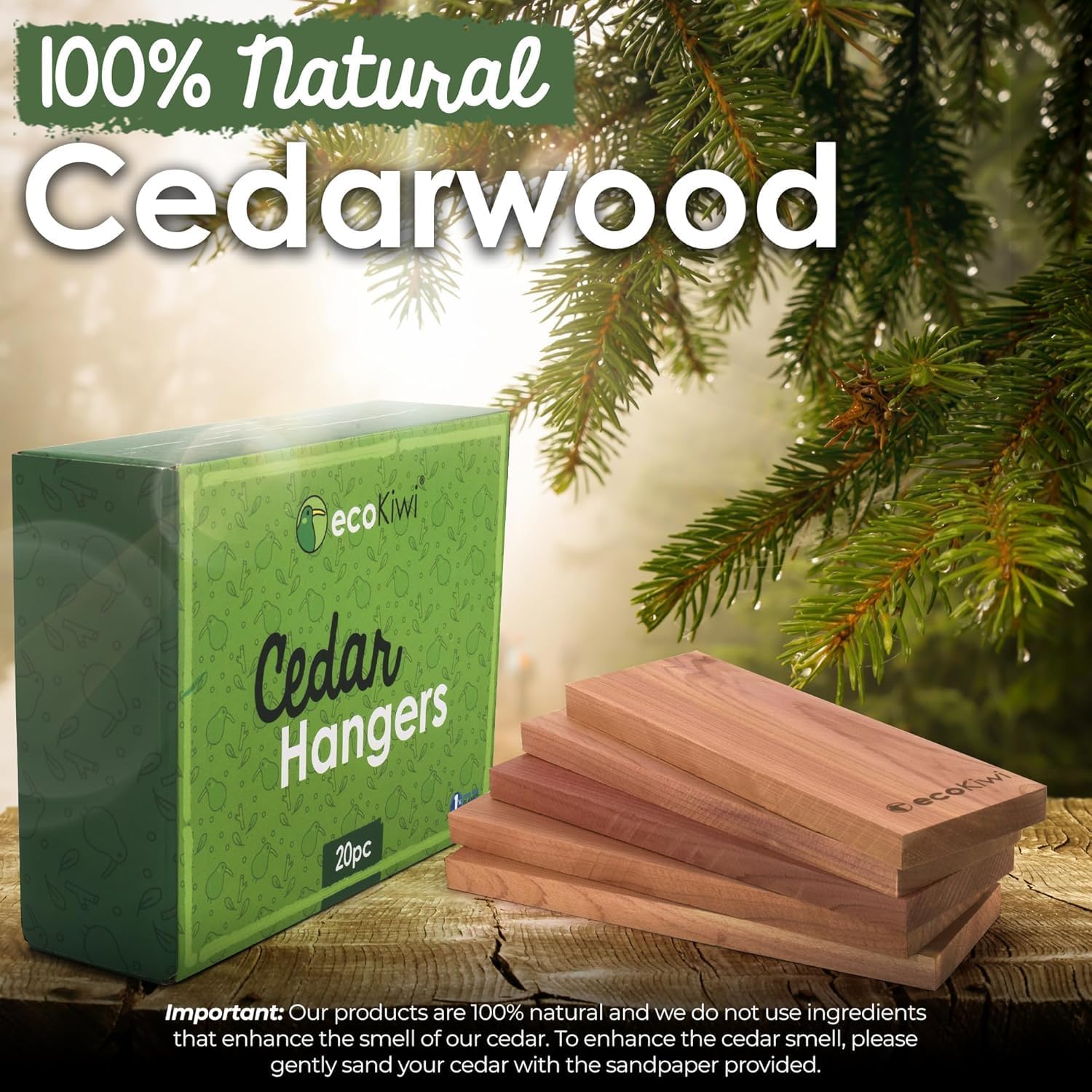 ecoKiwi Cedar Blocks for Clothes Storage Bundle - 55 Pack Rings & 20 Pack Hang Ups - 100% Natural Aromatic Cedar Closets & Drawers - Scented Cedarwood Oil with Sandpaper - Cedar Freshener Deodorizer