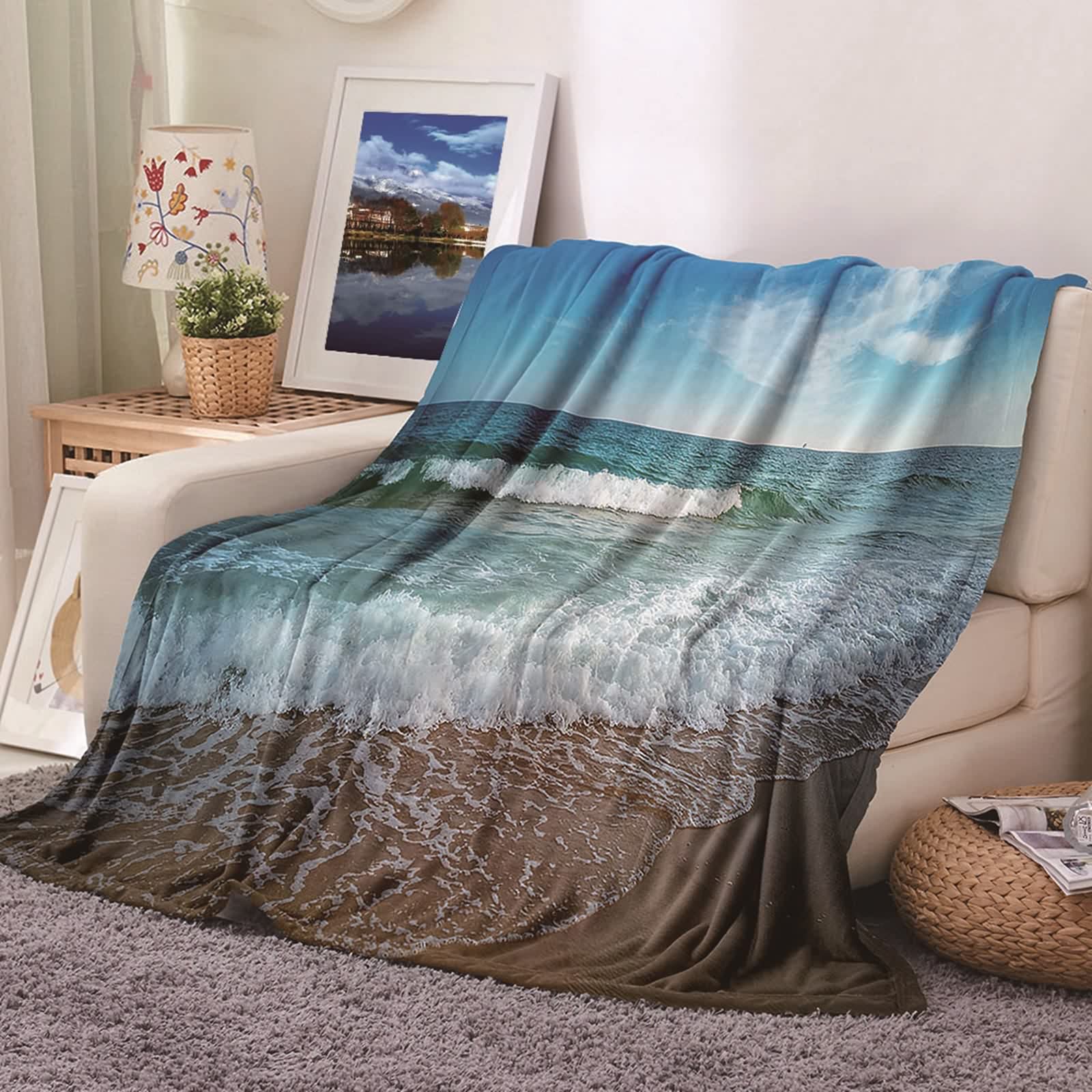 Couverture polaire en flannel KnSam 80x120cm vagues blanc bleu pour canapé