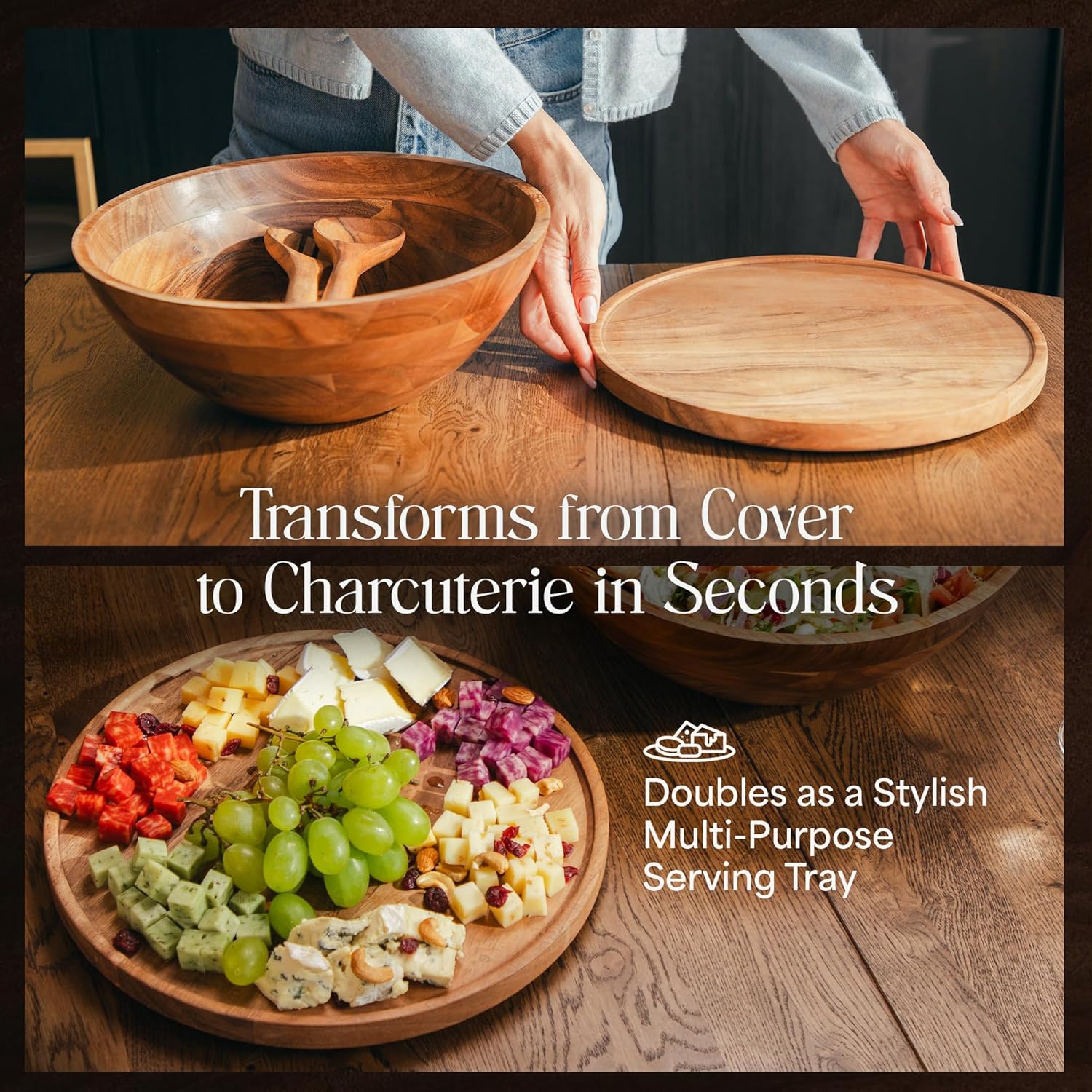 Public House Large Wooden Salad Bowl Set 12.5 Inch with Serving Utensils, Tray Lid and Carry Strap. Acacia Wood Large Salad Bowls Ideal for Fruits and Dishes, Wooden Bowls for Food, Serving Bowl - Image 4