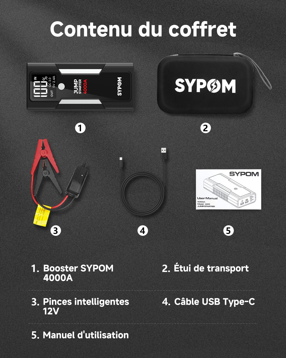 Démarreur de Secours, Batterie de Secours de Pointe 4 000 A (pour Tous Les véhicules à Essence ou Diesel jusqu'à 10 L), Batterie de démarrage Portable avec démarrage Intelligent étendu