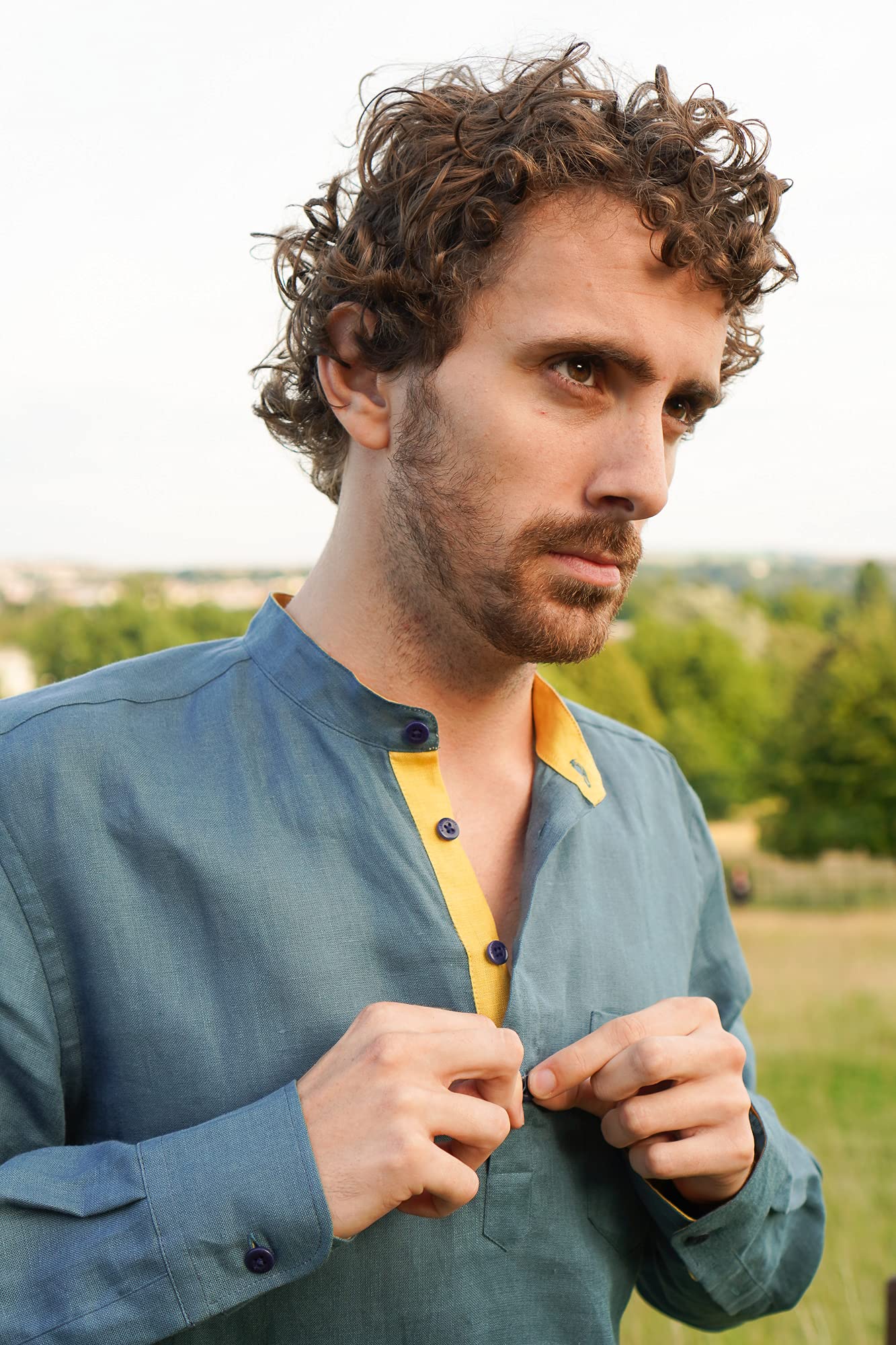 Borges & Scott - Camisa 100% Lino irlandés Grandad Henley - Manga Larga, Teal, L
