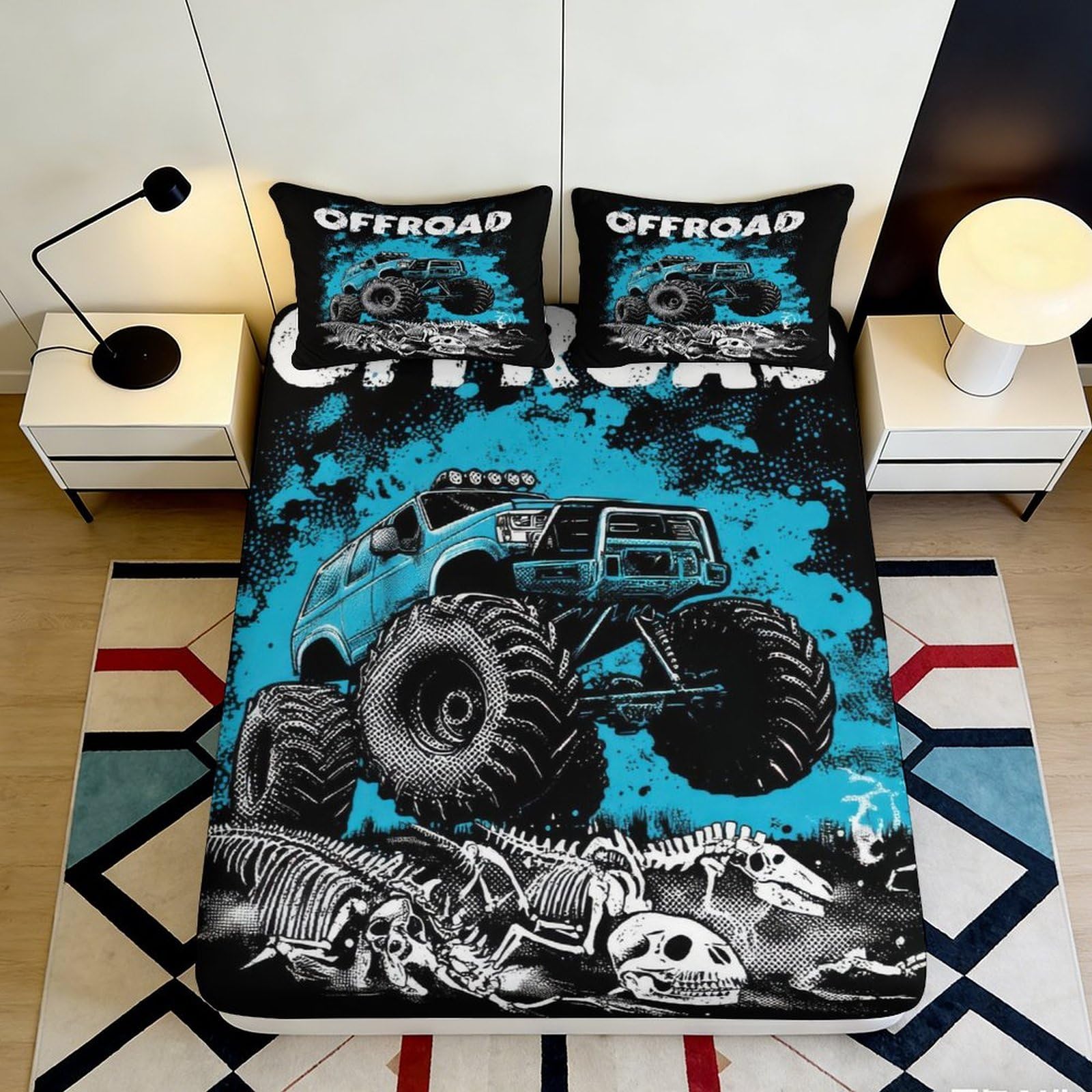 3D Printed Monster Truck Fitted Sheet Microfiber Skull Skeleton Bed Cover for Bedroom Dorm Decorative Mattress Protection 90x200x25cm