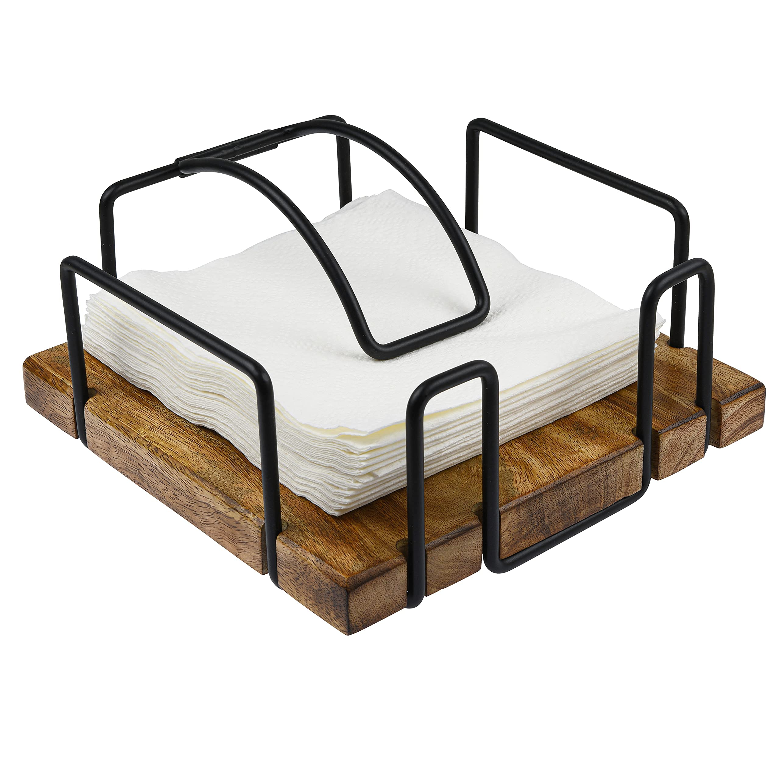 Tribello Farmhouse Serviettenhalter für Küche, Flacher Vintage-Serviettenhalter Rustikaler Stabiler Stahl, Küche & Esszimmer Dekor, Holzsockel, mit beschwertem Arm