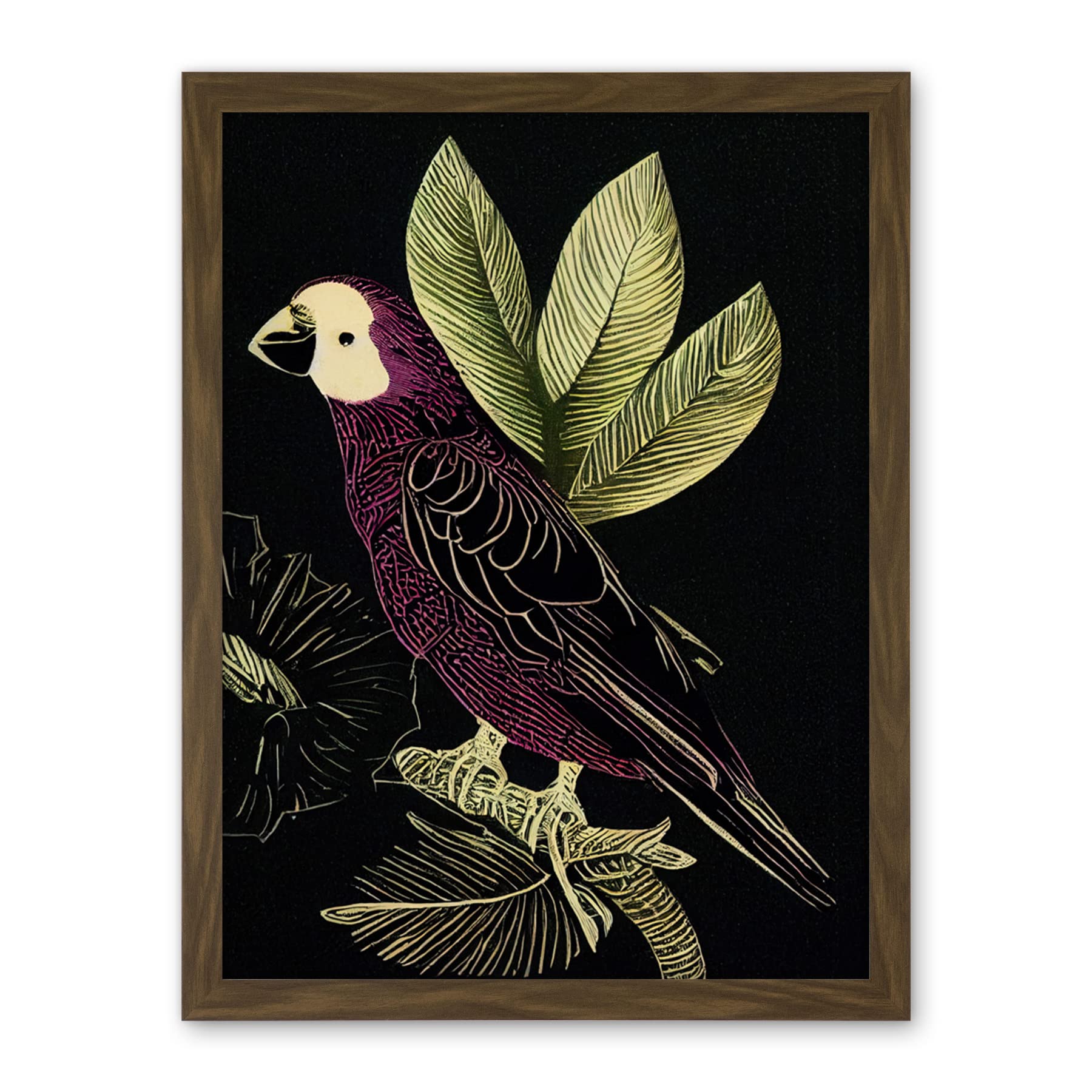 Wee Blue Coo Burgundy Parrot Leaves Tree Branch on Black Vintage Linocut Illustration Artwork Framed Wall Art Print 18X24 Inch