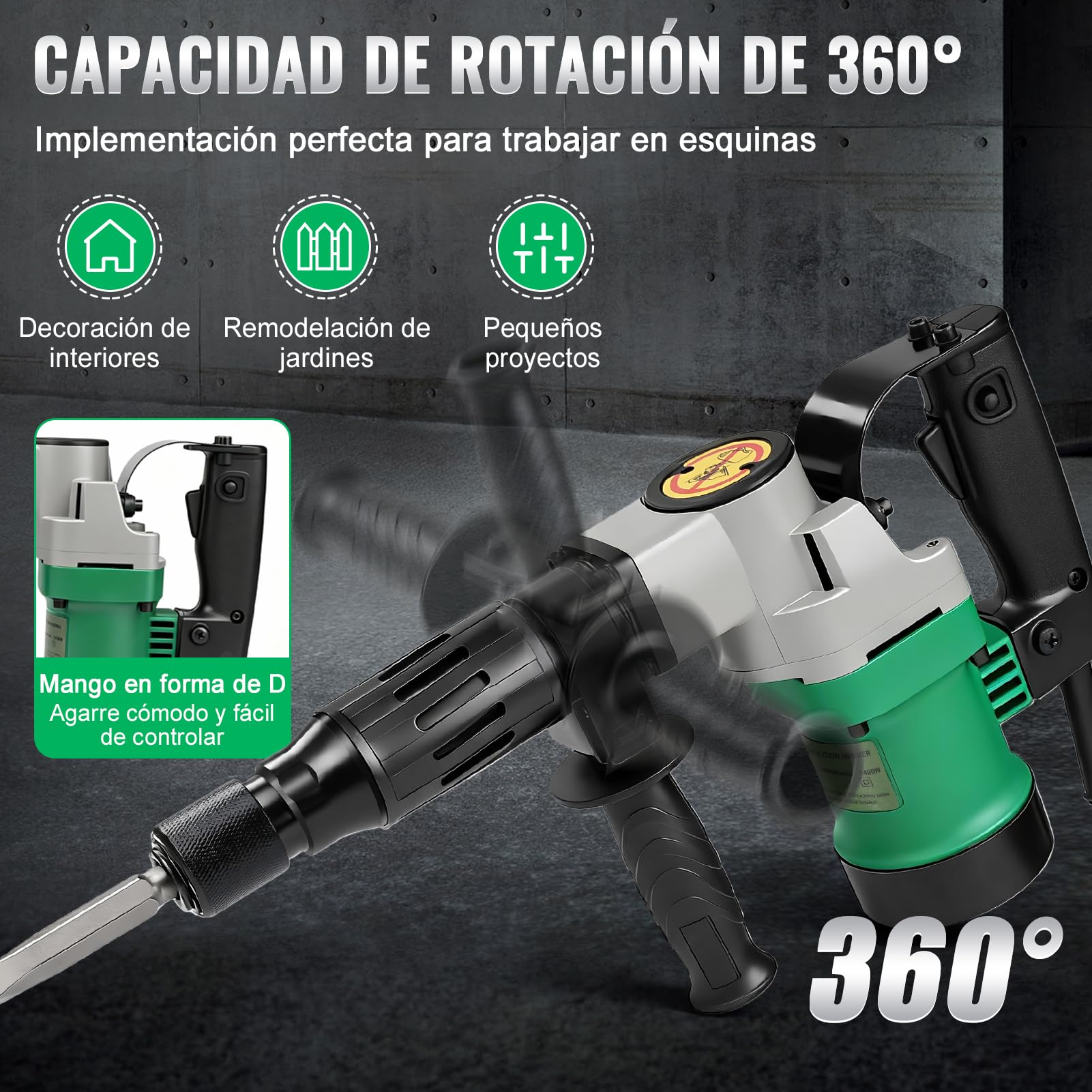 Martillo perforador SDS Plus, juego de martillo demoledor de 1400 W y 30 julios, taladro percutor eléctrico 3 en 1 de 3600 RPM con mango antivibración, incluye cincel puntiagudo y cincel plano.