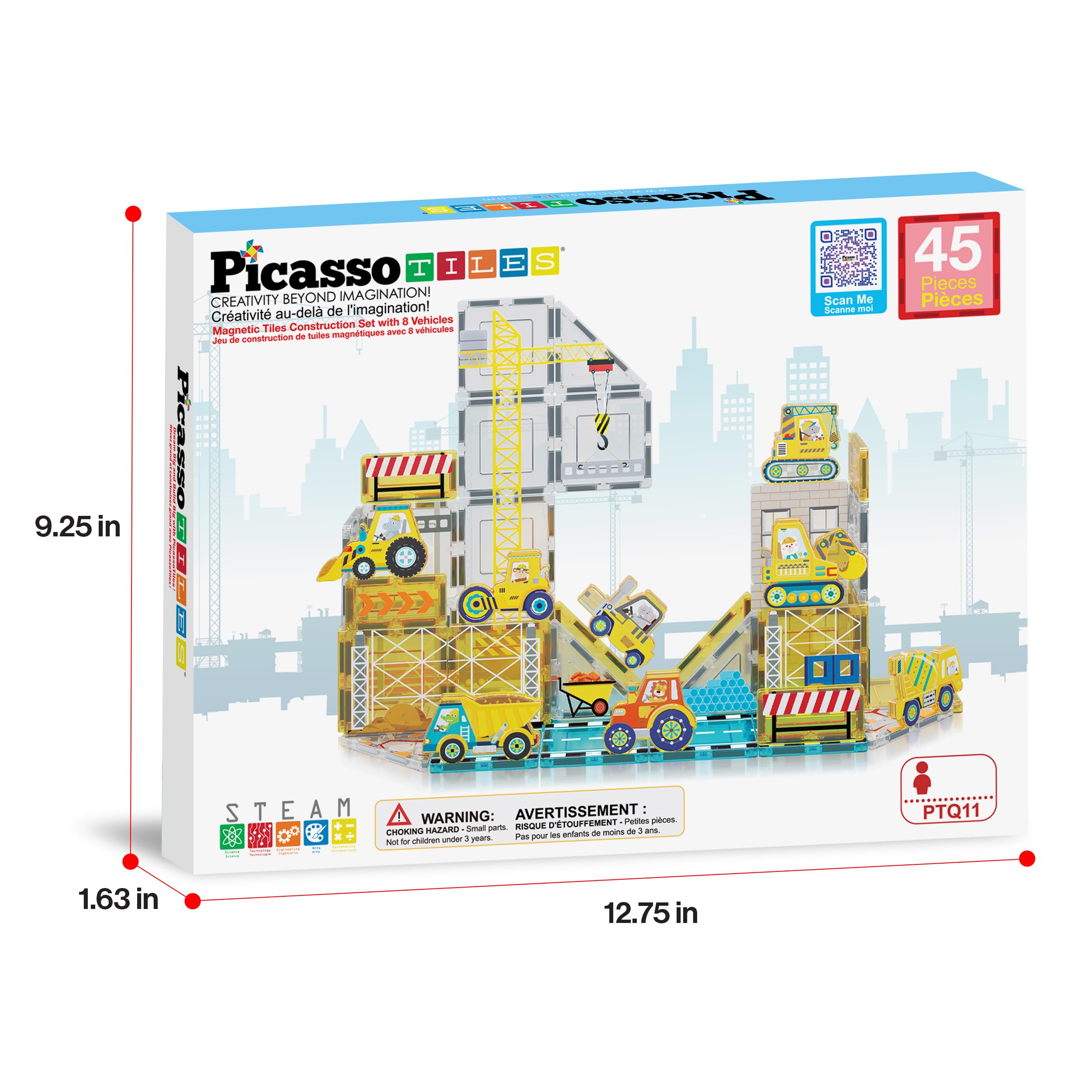 PicassoTiles Magnetfliesen-Baustein-Set mit 8 Baufahrzeugen Kurbelwagen, Bagger, Bullsdozer, Straßenwalze, Betonmischer, Traktor, Muldenkipper, Gabelstapler, Magnetspielzeug für Kinder ab 3 Jahren,