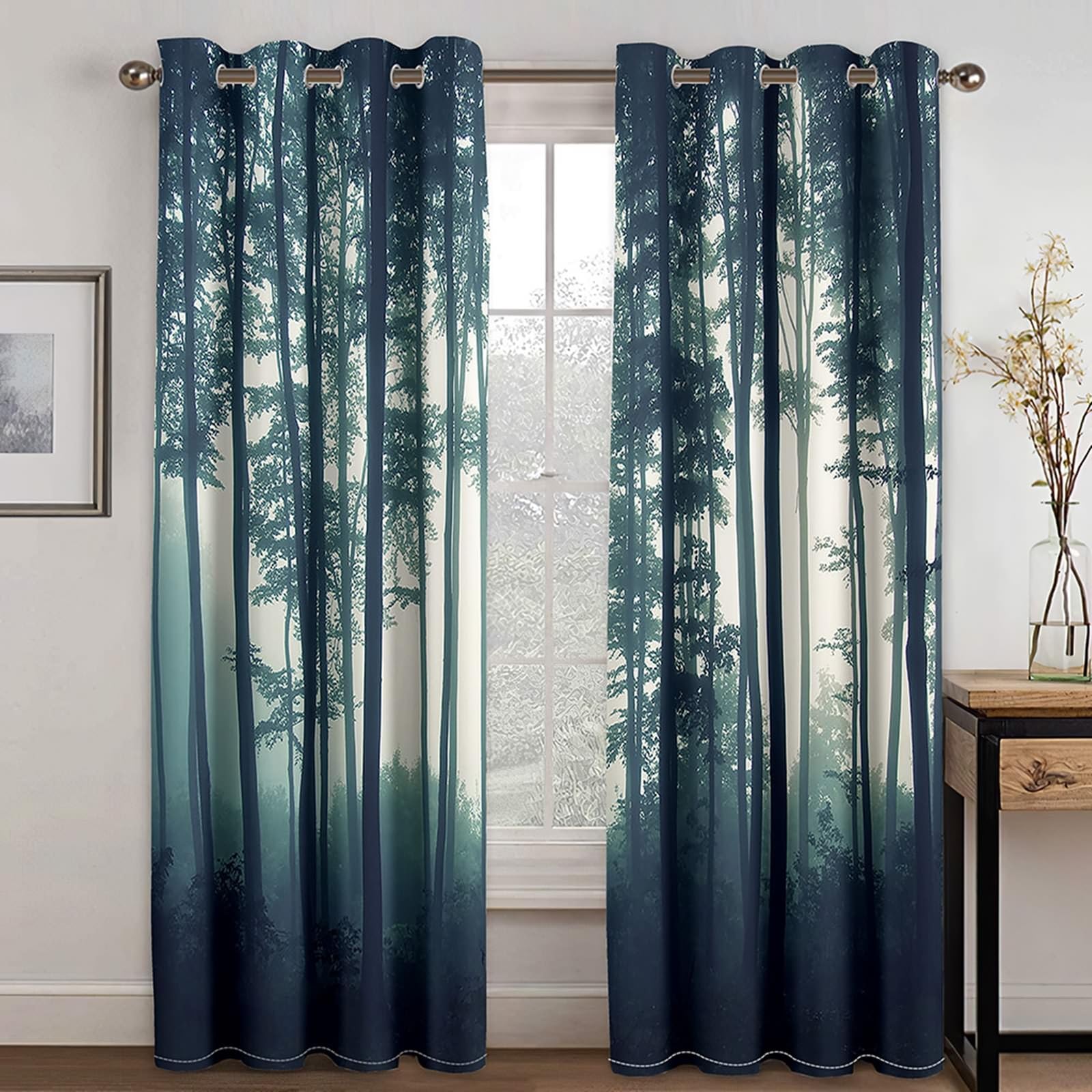 Zasłony okienne do sypialni, 244 cm, zasłony zaciemniające, 2 zestawy paneli 52 szer. x 244 dł. mgliste drzewa, termiczne zasłony zaciemniające do pokoju