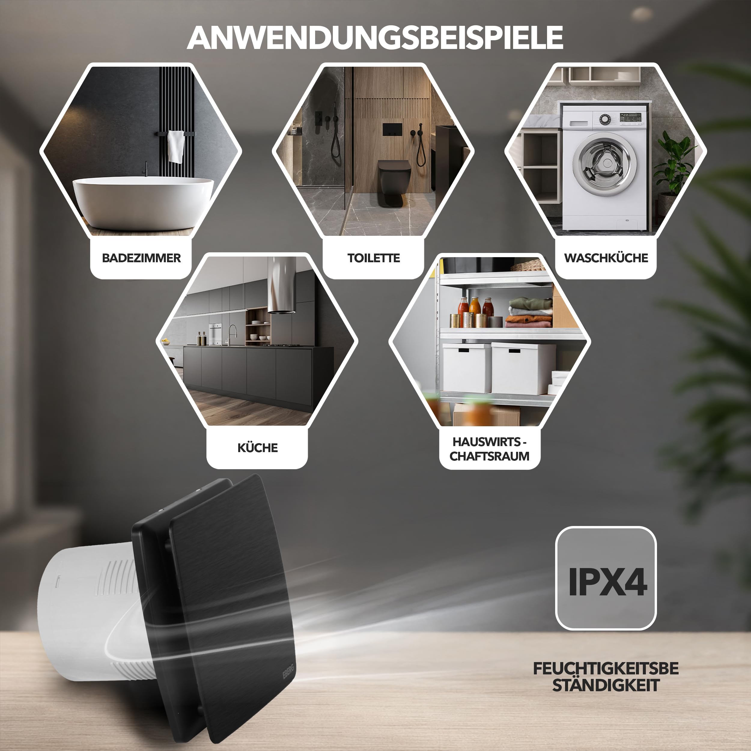 EBERG AXI 100 BHT Badventilator 100 mm schwarz mit Hygrostat, Timer und Rückschlagklappe, leiser Abluftventilator mit Kugellager für Bad und WC, Wand- und Deckenmontage