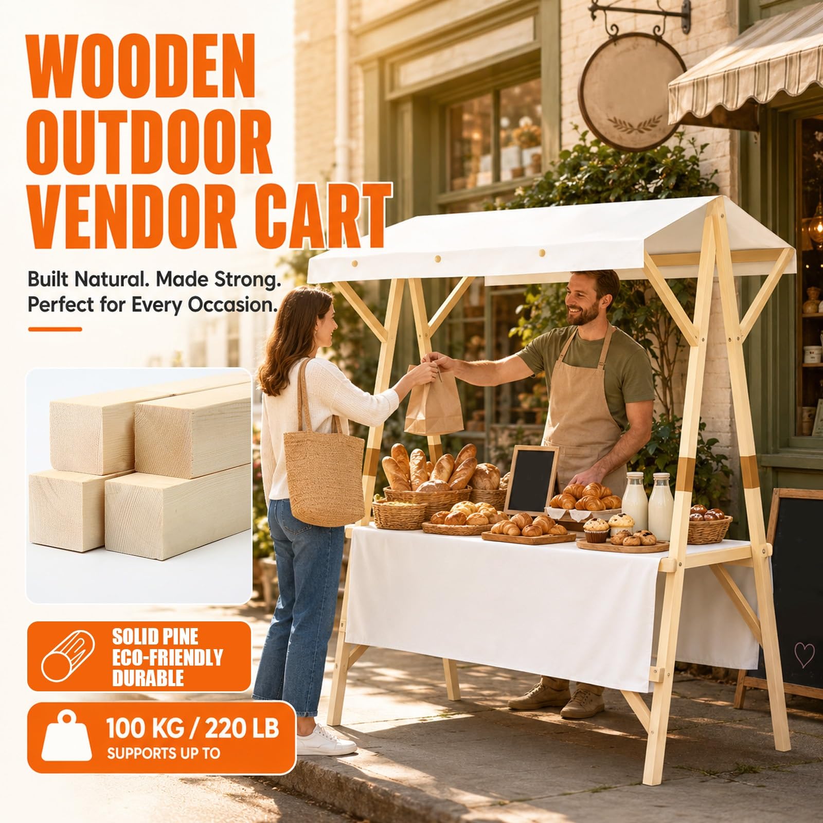 HARELA Genérico Puesto de Mercado con toldo, Puestos Plegables, para Venta De Alimentos, Carrito De Comida Callejera De Madera para Tiendas Mercados(Pink B,150cm/59in)