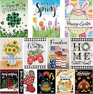 Pating Seasonal Garden Flags Set of 12 Double Sided 12 x 18 Inch, Small Yard Flags for Outside, Christmas Halloween Easter Valentine's Day Outdoor Decor, Holiday Garden Decorations for All Seasons