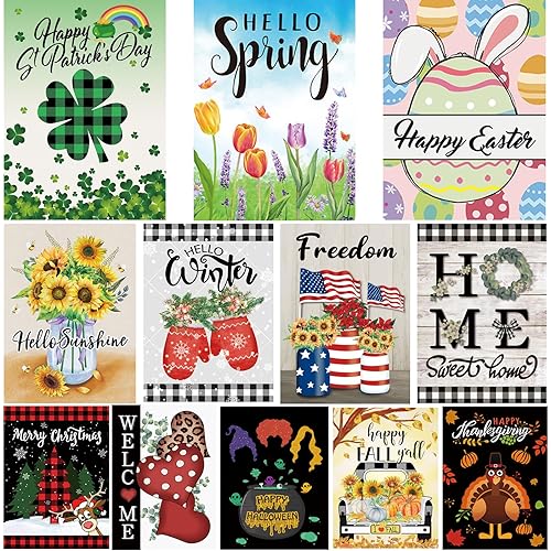 Pating Seasonal Garden Flags Set of 12 Double Sided 12 x 18 Inch, Small Yard Flags for Outside, Christmas Halloween Easter Valentine's Day Outdoor Decor, Holiday Garden Decorations for All Seasons