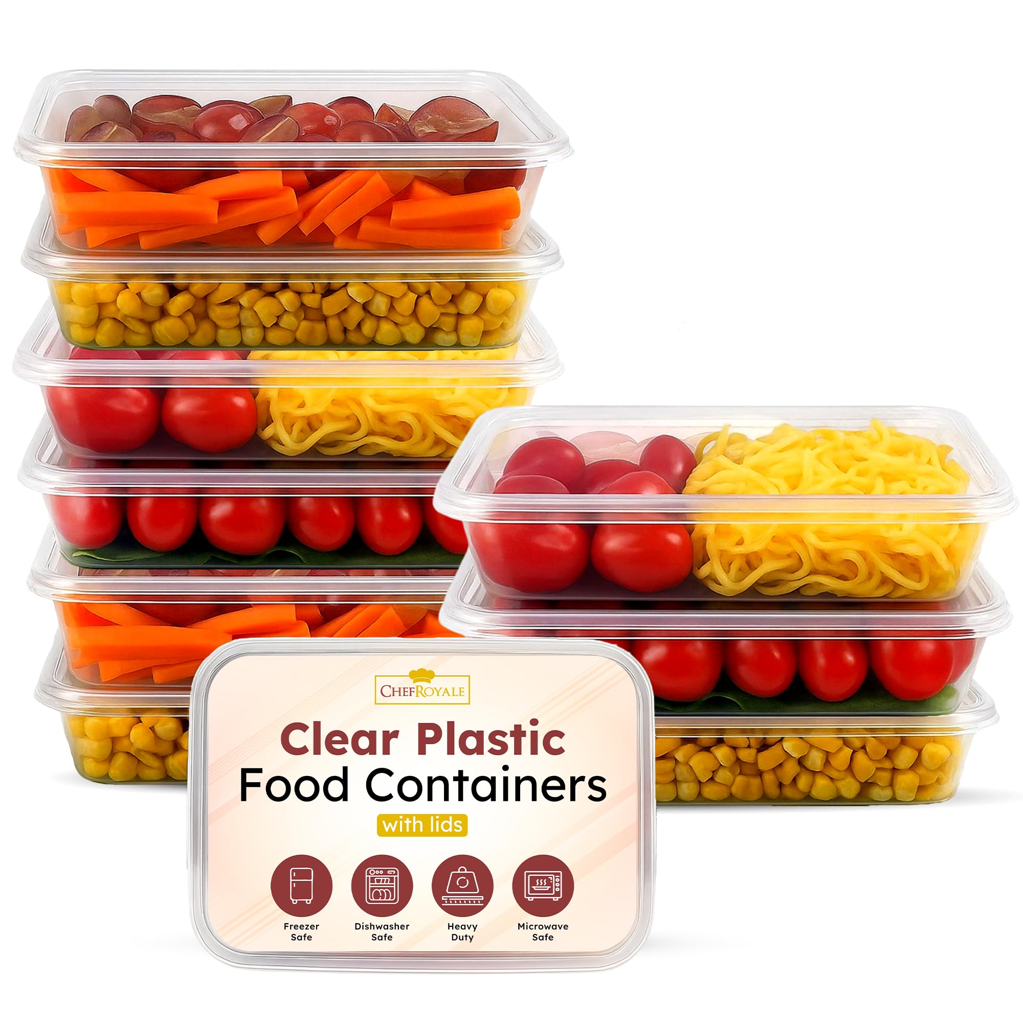 CHEF ROYALE Food Storage Container with Lids 10 x 750ml Plastic Food Prep Takeaway Container with Airtight Lids Microwave, Freezer & Dishwasher Safe Ideal for Takeaway Recyclable (10, 750ml)
