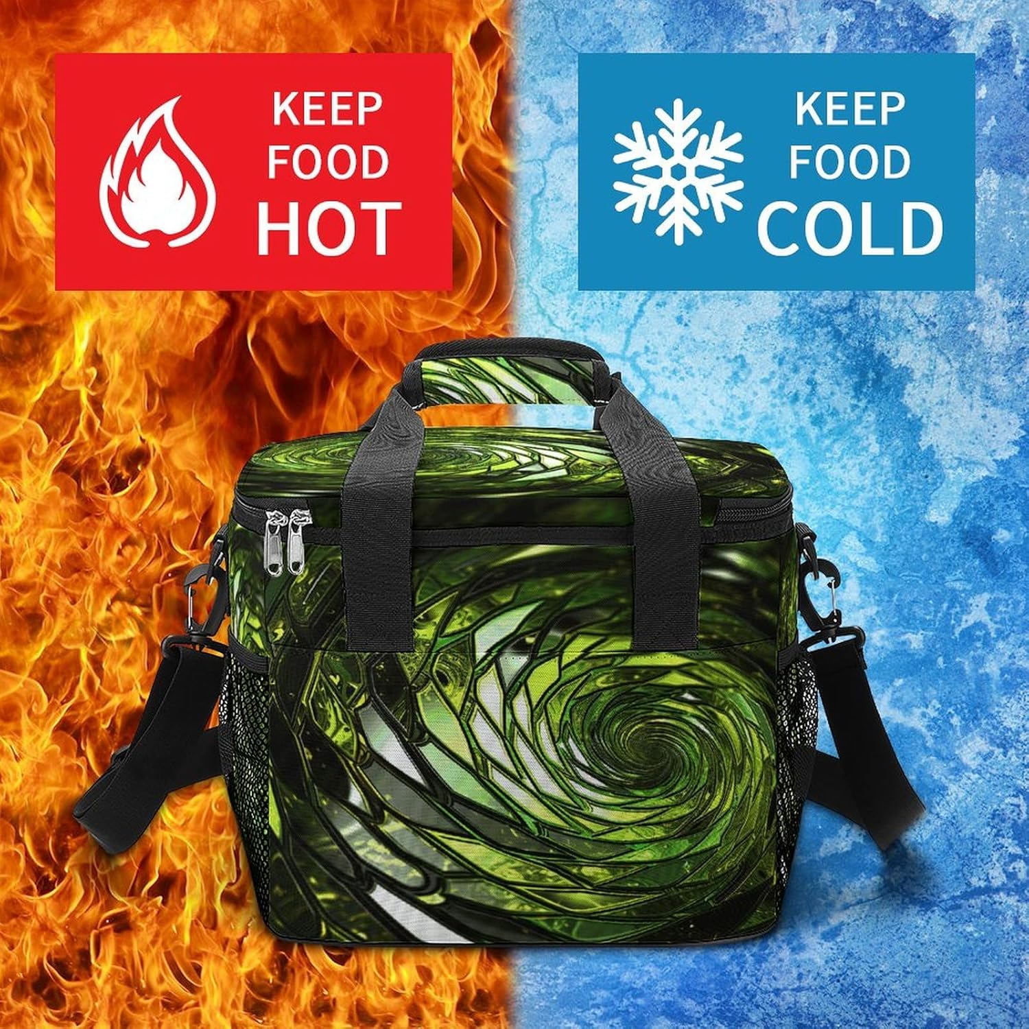 Camping Ice Pack, Abstract Green Snake Print Cooler Bag, 22.5L Large Capacity Insulated Lunch Tote Bag for Outdoor, Picnic, BBQ, Travel, Work