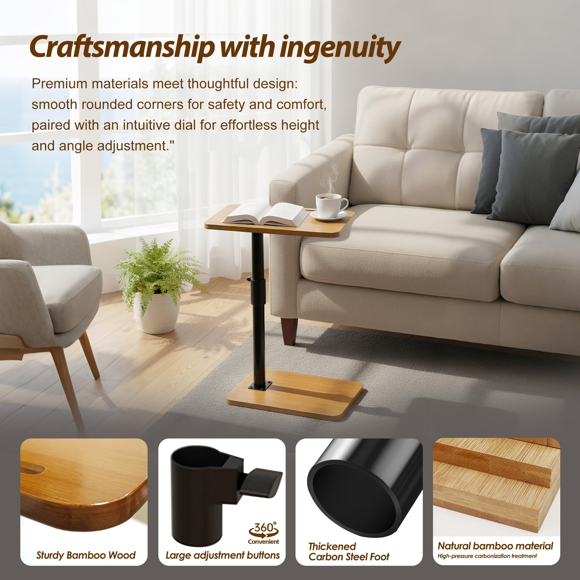 C-Förmiger Beistelltisch, Höhenverstellbar Couchtisch, 360° Drehbarer Wohnzimmer Tisch, Holz Tischplatte Mit Metallgestell, Sofa Klein Esstisch, Mini Kaffeetisch, Küchentisch, Couch Tablett-Tisch