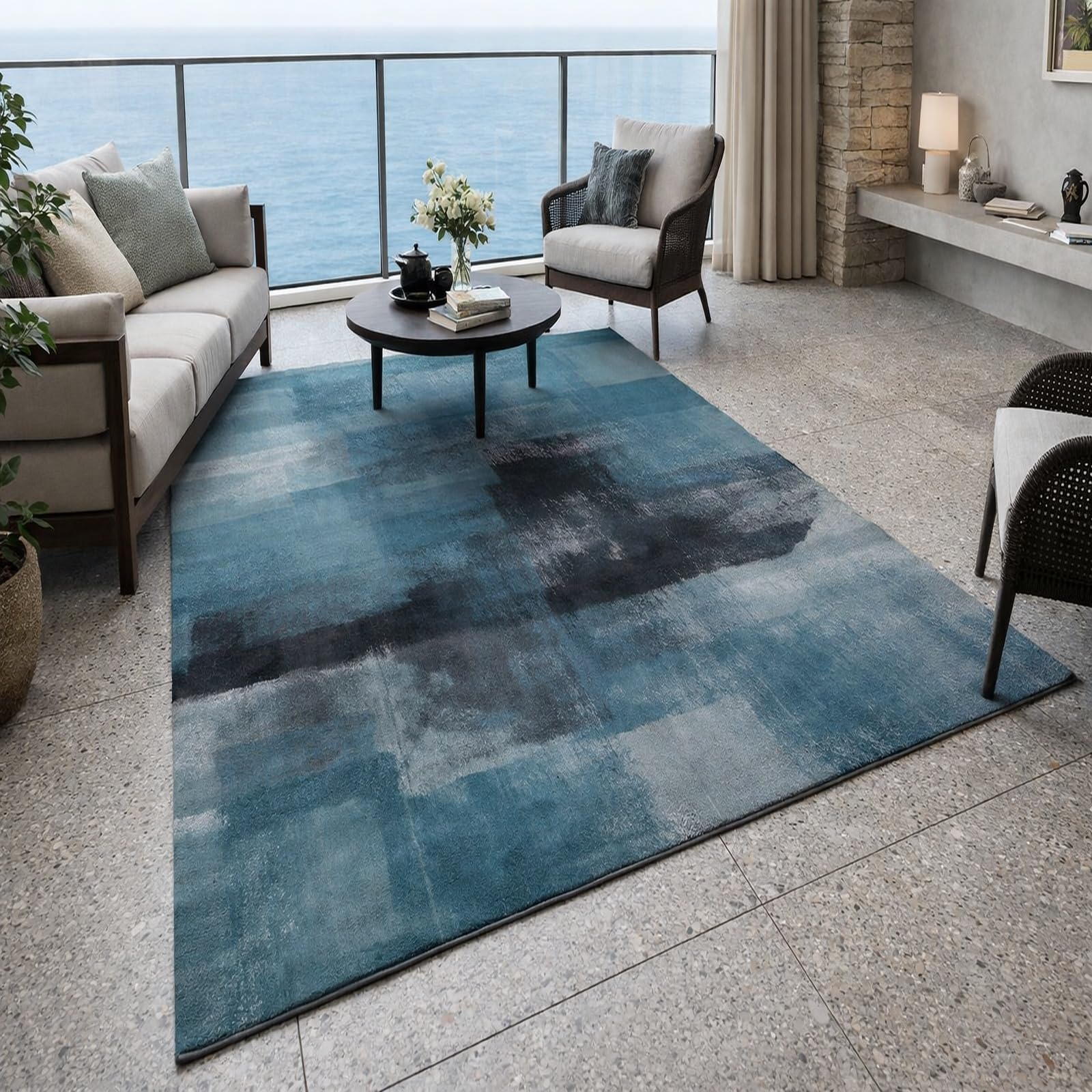 Tapis de salon bleu géométrique 150x150 cm sous table cuisine