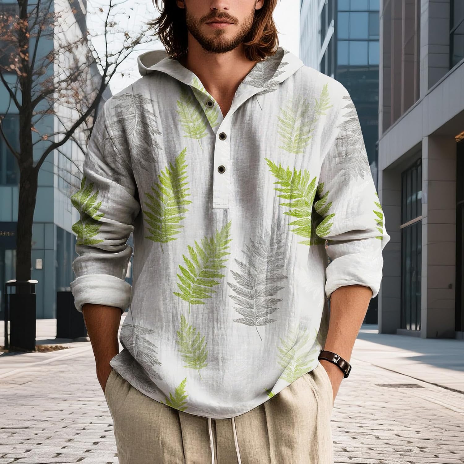 Mens Hooded Floral Button Down Shirt Long Sleeve Lightweight Relaxed Fit Nature Inspired Top for Spring - Image 3