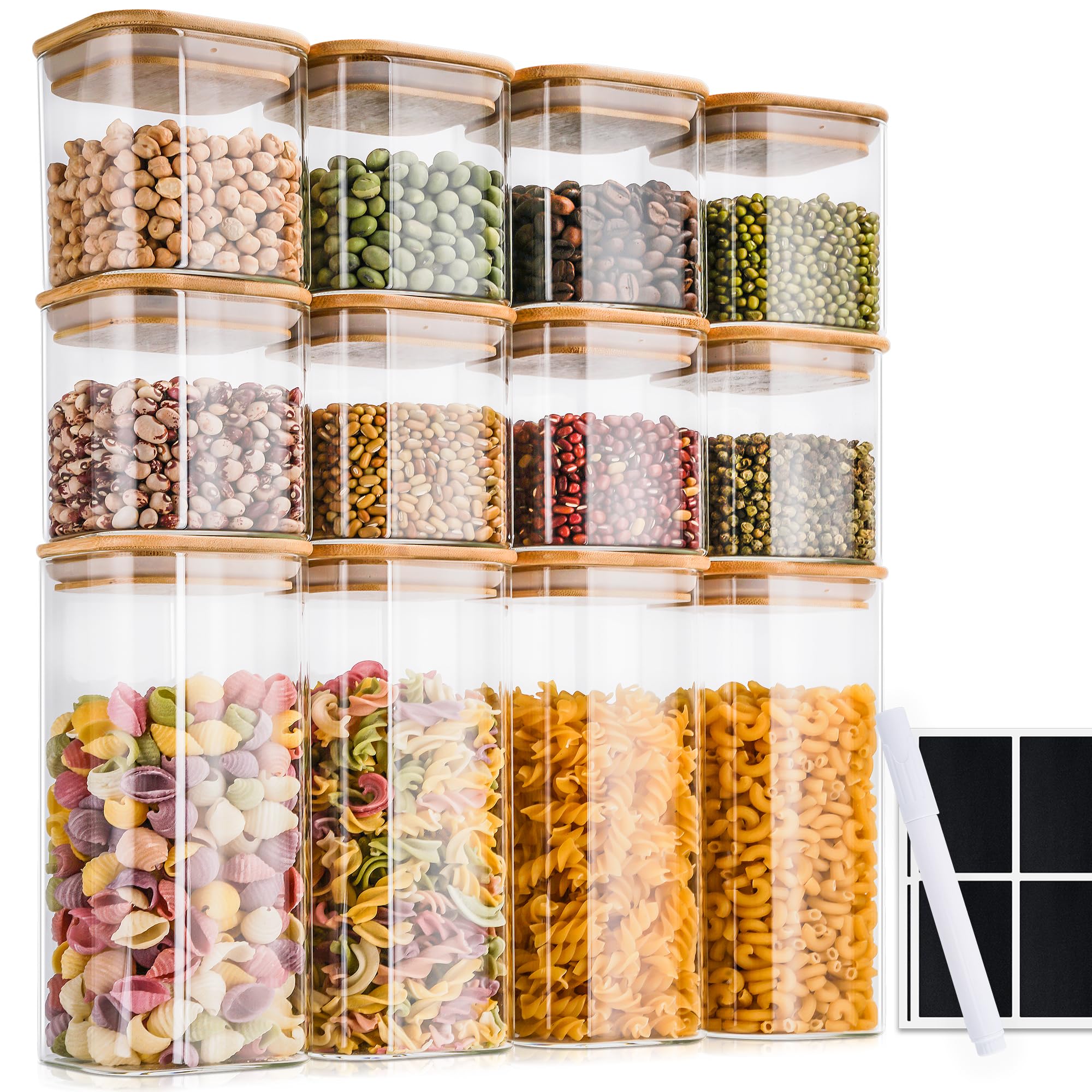 Bocaux de conservation premium carrés [400 & 920 ml] extra robustes | Pots en verre avec couvercle | Boîtes de rangement | Bocaux hermétiques avec couvercle | Bocal en verre avec couvercle en bois
