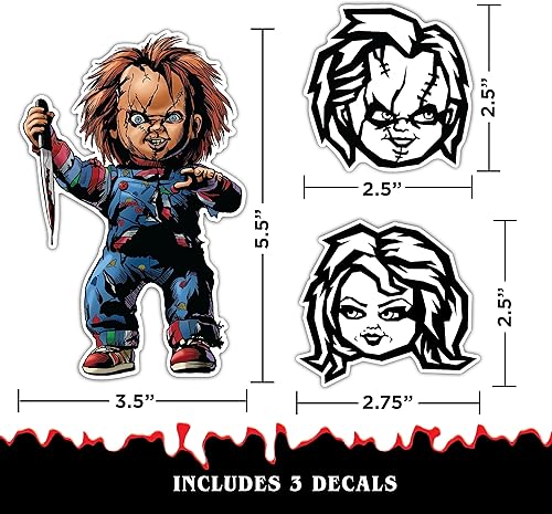 Miniatura 3 de Chucky & Tiffany - Juego de 3 calcomanías de vinilo para auto, vaso, botella de agua, laptop, Halloween, terror, coche, calcomanías de miedo para