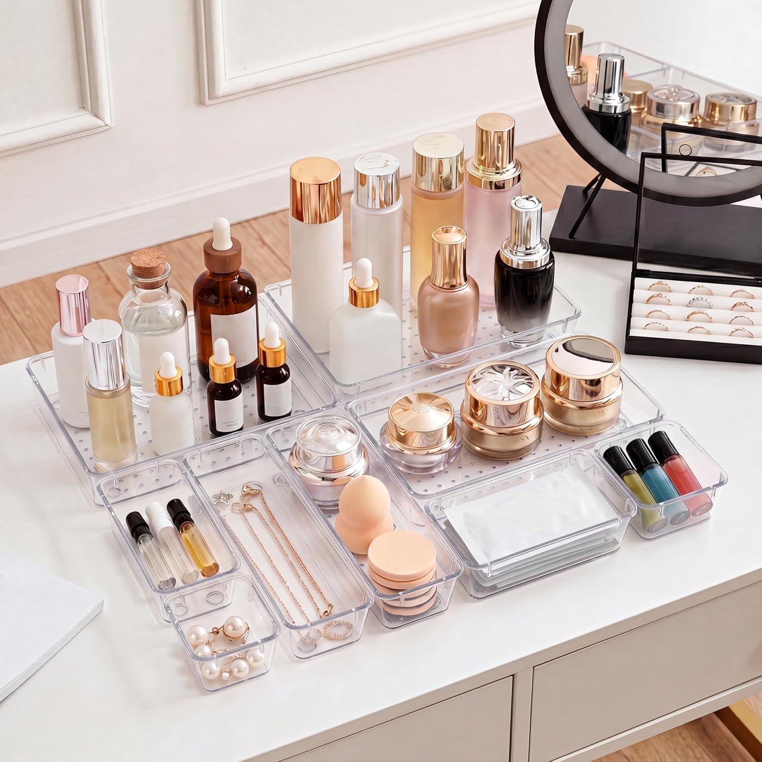 13 Pcs Desk Organizer Tray for Makeup, 5 Sizes Vanity Makeup Drawer Organizer Set, Non-Slip Desk Drawer Organizer Trays for Bathroom, Bedroom, Office, Fits Jewelry image 3