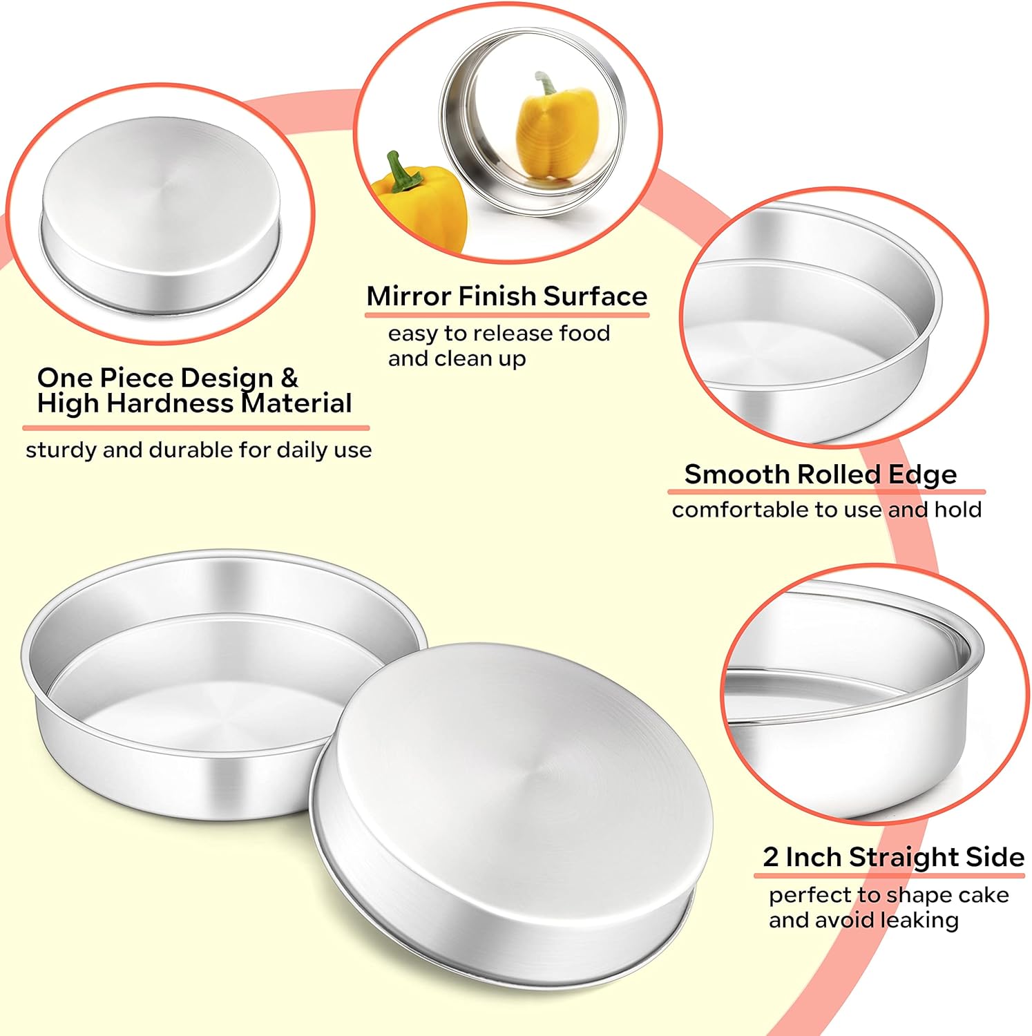 Herogo 8 Inch Round Cake Pan Set of 3, Stainless Steel Nonstick Layer Tier Birthday Wedding Cake Pans, Fit Oven Pots Pressure Cooker, Mirror Finish, Dishwasher Safe - Image 3