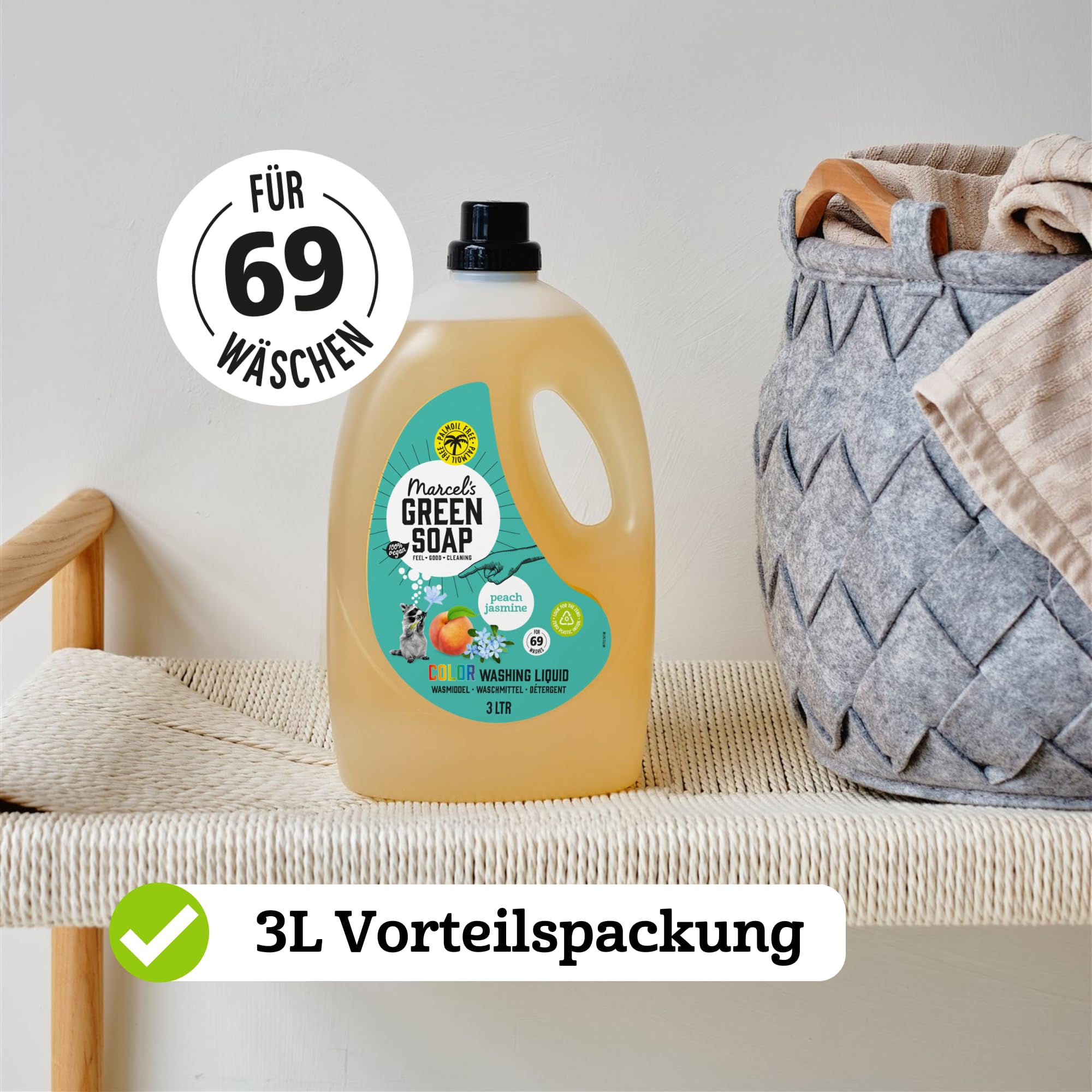 Marcel's Green Soap Farbwaschmittel Pfirsich & Jasmin - Vorteilspack - Mikroplastikfreie Formel - Vegan - 100% recycelte Plastikflasche - Nachfüllbar - 276 Waschgänge - 3L (4er Pack)