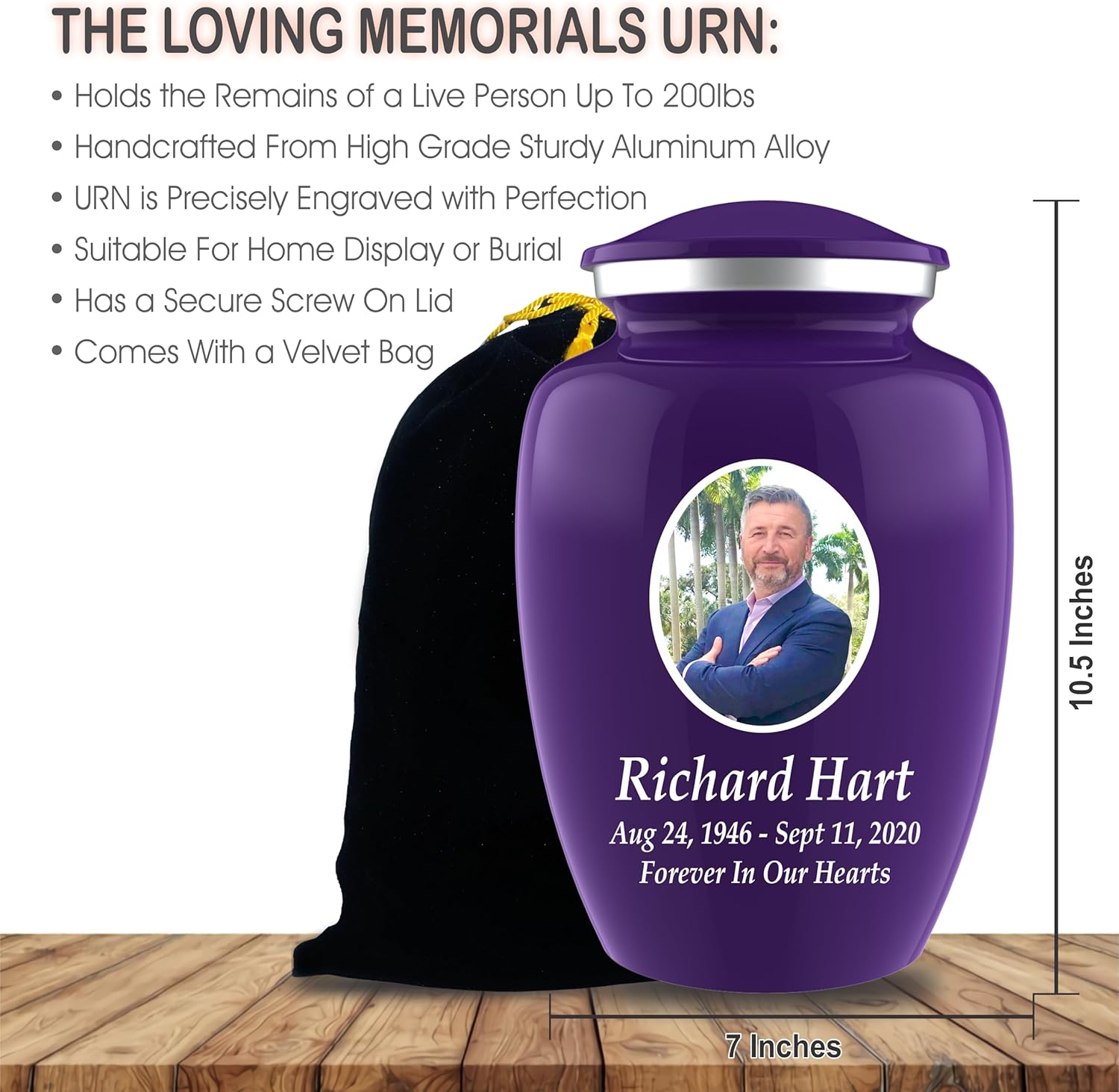Personalized Photo Cremation Urns for Adult Ashes Male Female - 200lbs Custom Photo Burial Urns for Human Ashes - Engraved Handcrafted Funeral Decorative Urns for Adult with Velvet Bag, Purple