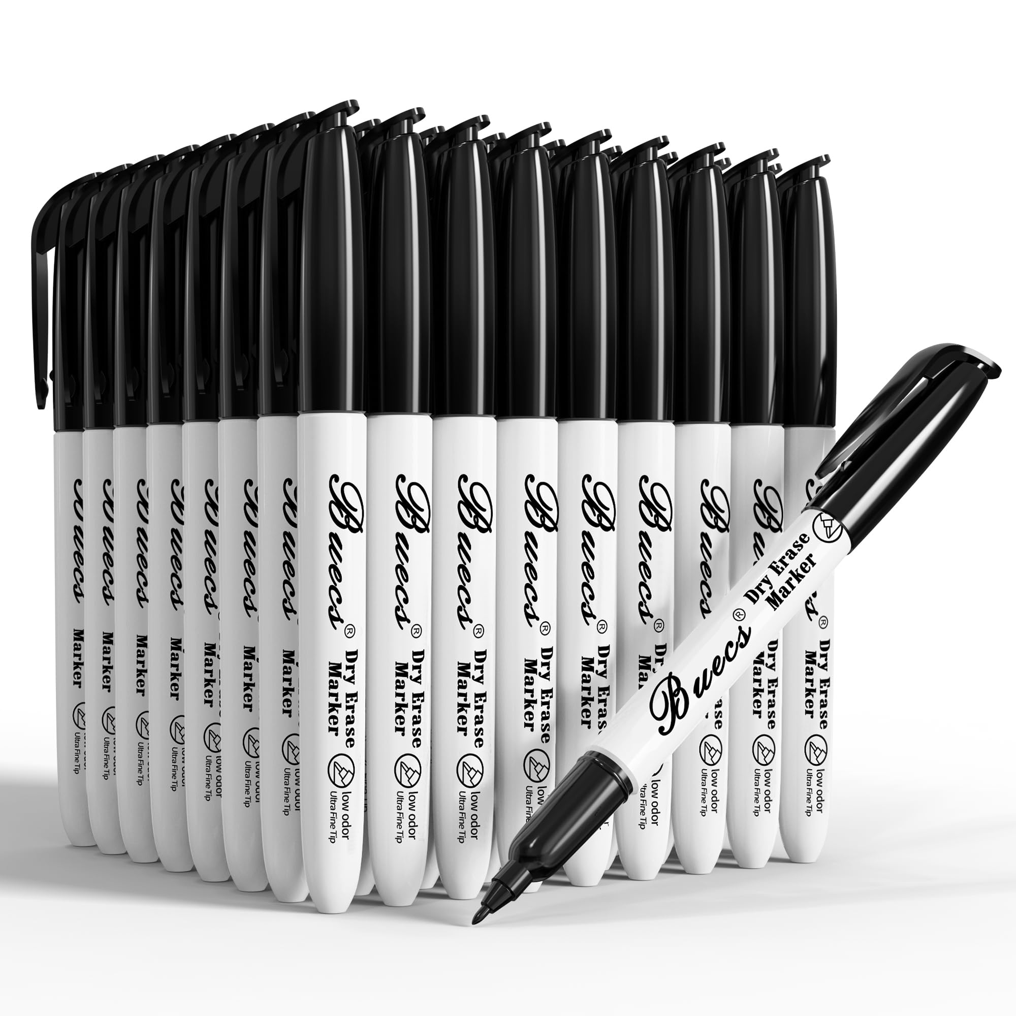 Buecs Schwarze, trocken abwischbare Marker, geruchsarm, 96 Stück, ultrafeine Spitze, perfekt zum Schreiben auf Whiteboards, trocken abwischbaren Tafeln, Glas, Schul- und Bürobedarf
