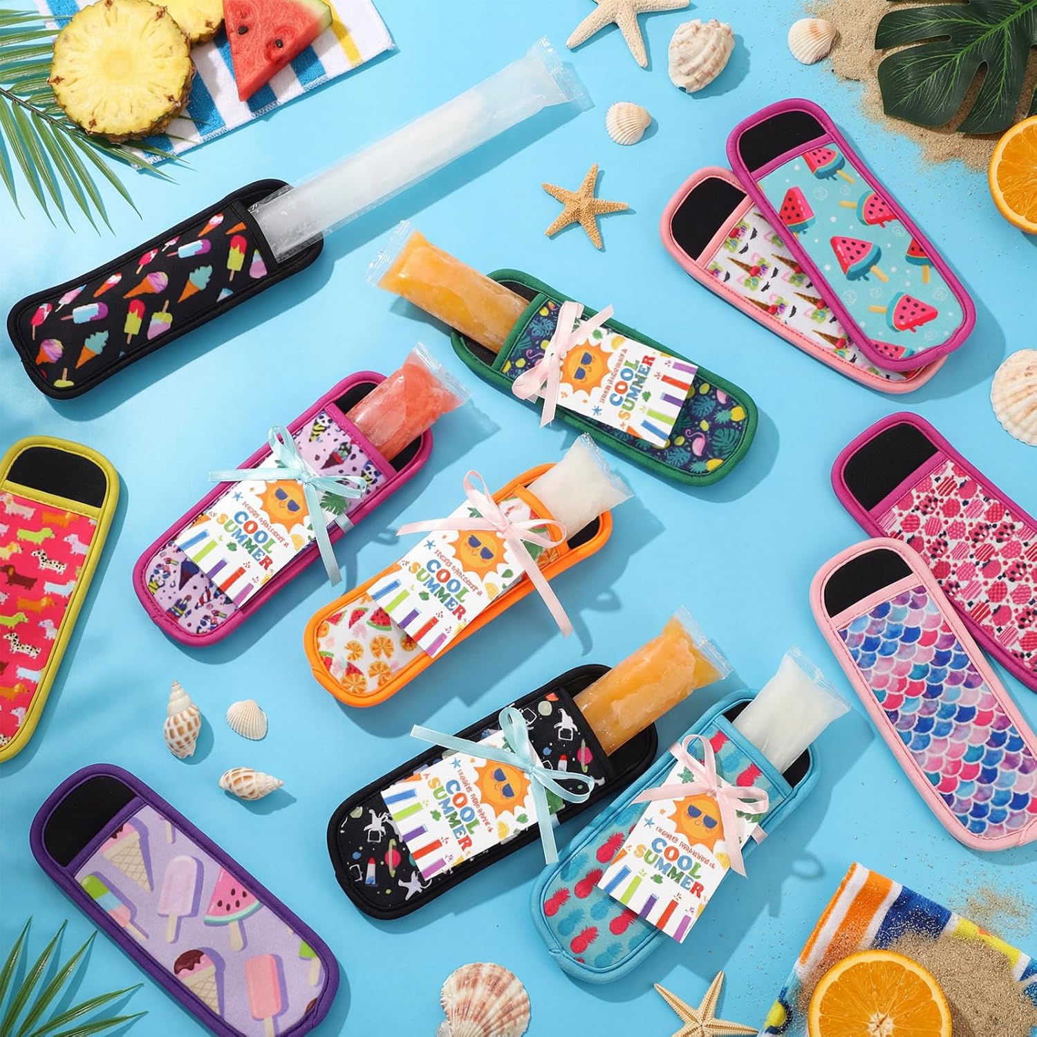 Hushee 24 Sets Reusable Ice Pop Sleeves with Gift Cards & Ribbon Neoprene Pop Sleeves Holders for Summer Treats, Party Favors, Events & Giveaways, 12 Pattern