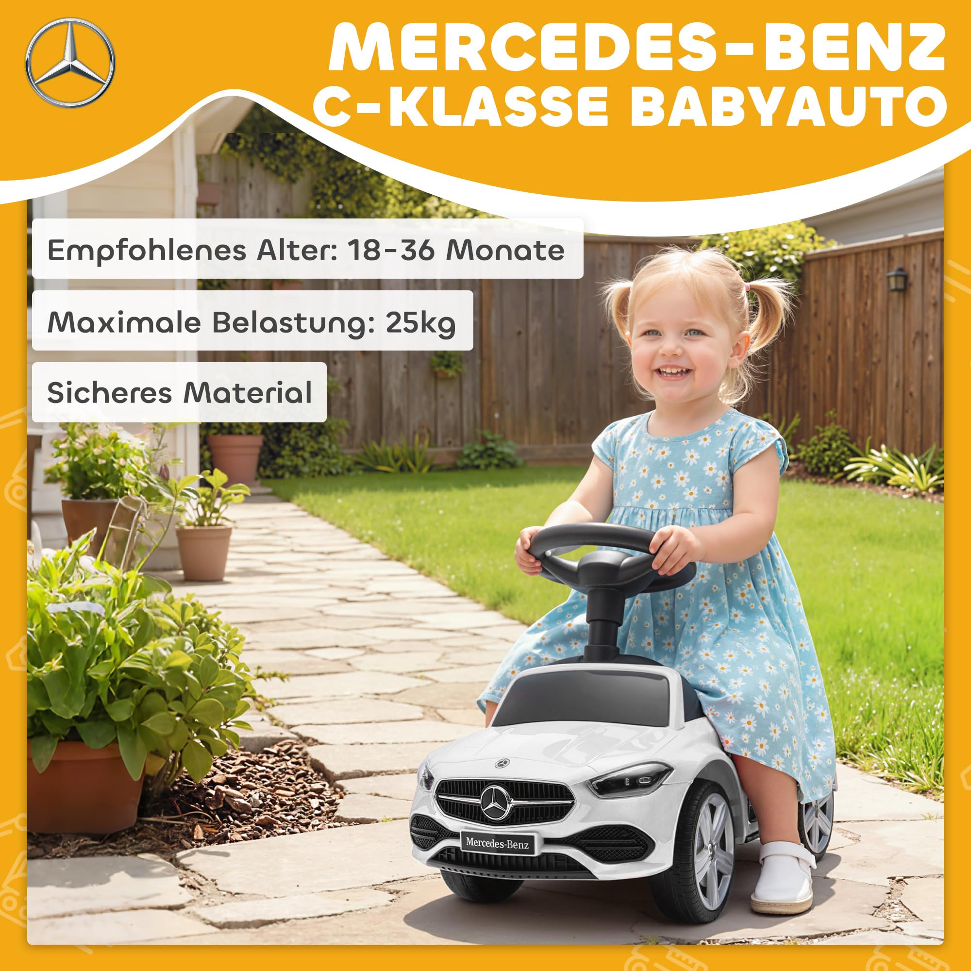 AIYAPLAY Mercedes-Benz C-Class Rutschauto, Rutschfahrzeug mit Hupe, Motorgeräuschen, Kinderfahrzeug mit Stauraum unter dem Sitz, für Kinder von 18-36 Monaten, Weiß