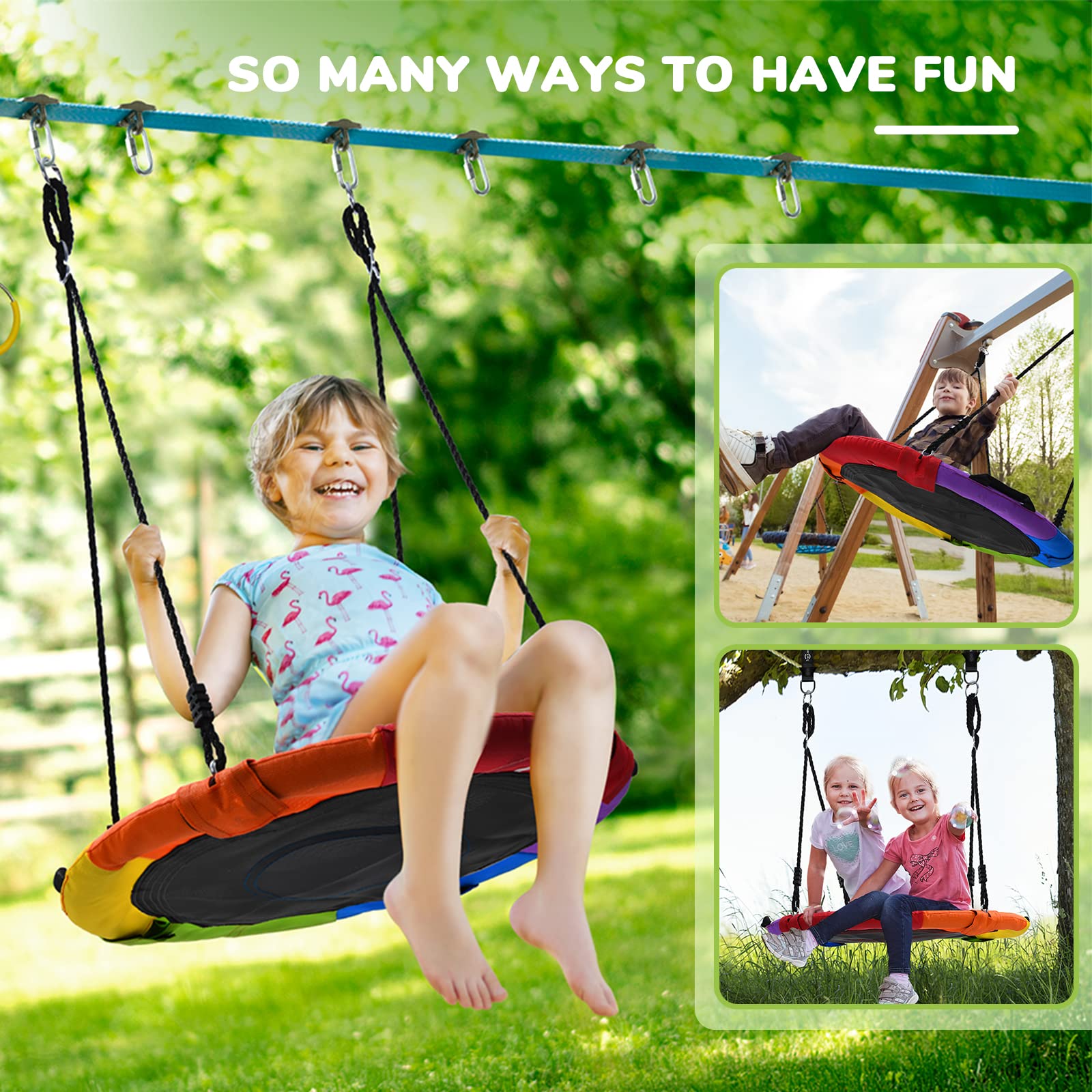 Jugader 50FT Ninja Warrior Obstacle Course for Kids with Saucer Swing, Colorful Net, Climbing Ladder, Ninja Wheel, Monkey Bars, Gym Rings