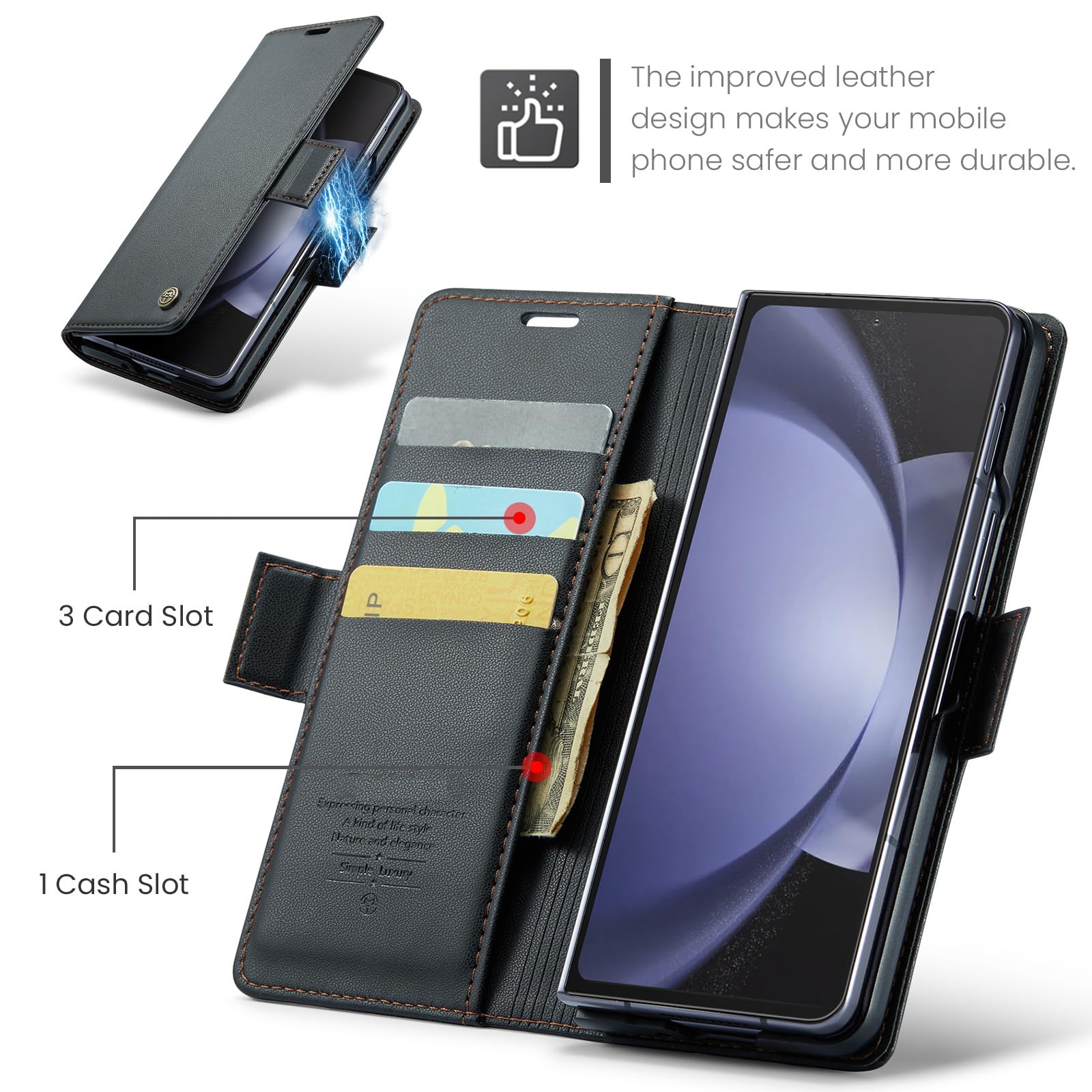 for Samsung Z Fold 5 Wallet Case with RFID Blocking, Card Holder Magnetic Closure Shockproof Kickstand Protective PU Leather Case for Samsung Z Fold 5 Flip Case Wallet - Black — view 4