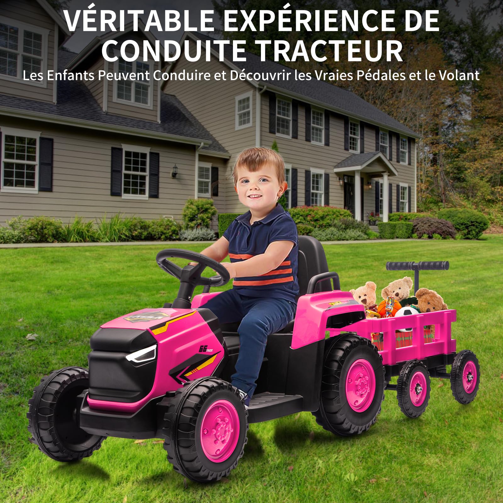 Tracteur électrique Enfant 12V avec remorque Amovible - 6 Roues, Double Moteur, LED, Musique, klaxon, télécommande 2.4G, 3 Vitesses, Batterie Rechargeable - Jouet Voiture sécurisé pour