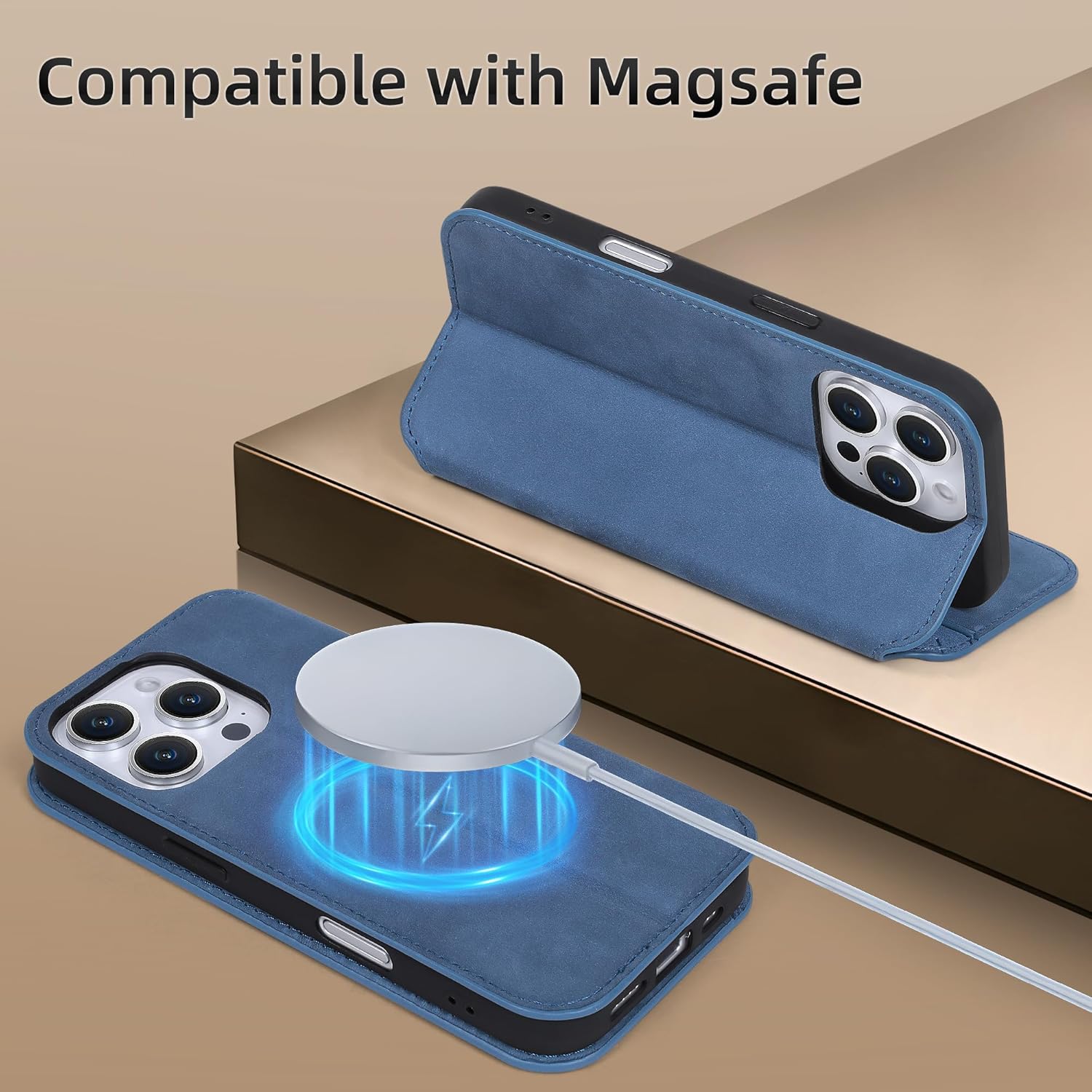 VISOUL Phone Case Wallet for iPhone 16 Pro Max 6.9", Genuine Leather Slim Folio Case with Card Holder Magnetic Soft TPU Flip Cover Compatible with iPhone 16 Pro Max (6.9 inch)-Blue