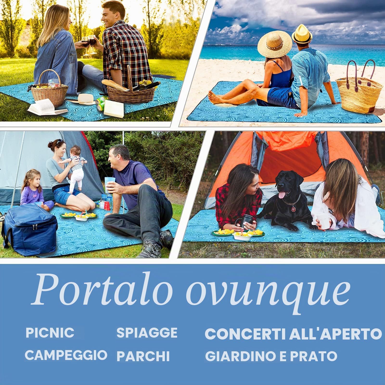 ZOMAKE Coperta Picnic Impermeabile 200x200,Pieghevole Telo da Picnic Tappeto Plaid Pic Nic Portatile con Manico - Stuoia Picnic Blanket Ideale per Esterno Campeggio Giardino Prato Spiaggia