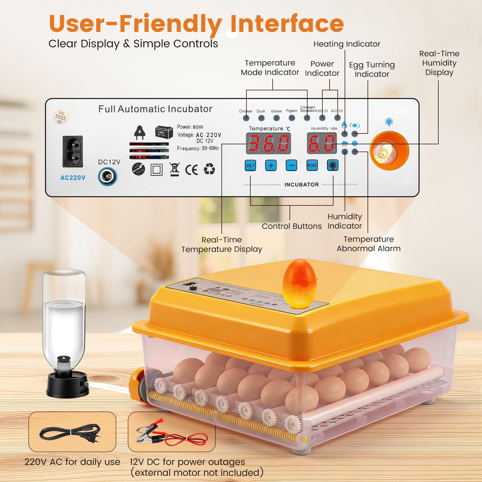 36 incubatrice automatica per uova,incubatrice per uova con 5 modalità di incubazione automatica, incubatrice con rotazione automatica delle uova e monitoraggio dell'umidità,con luce per uova