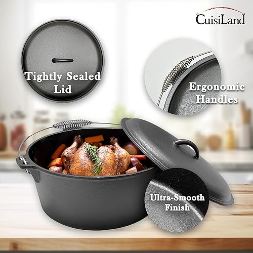 Miniatura 6 de Cuisiland Horno holandés de hierro fundido de 9 cuartos de galón con tapa de cúpula y asa de fianza – Olla de fogata pre-sazonada para cocinar al