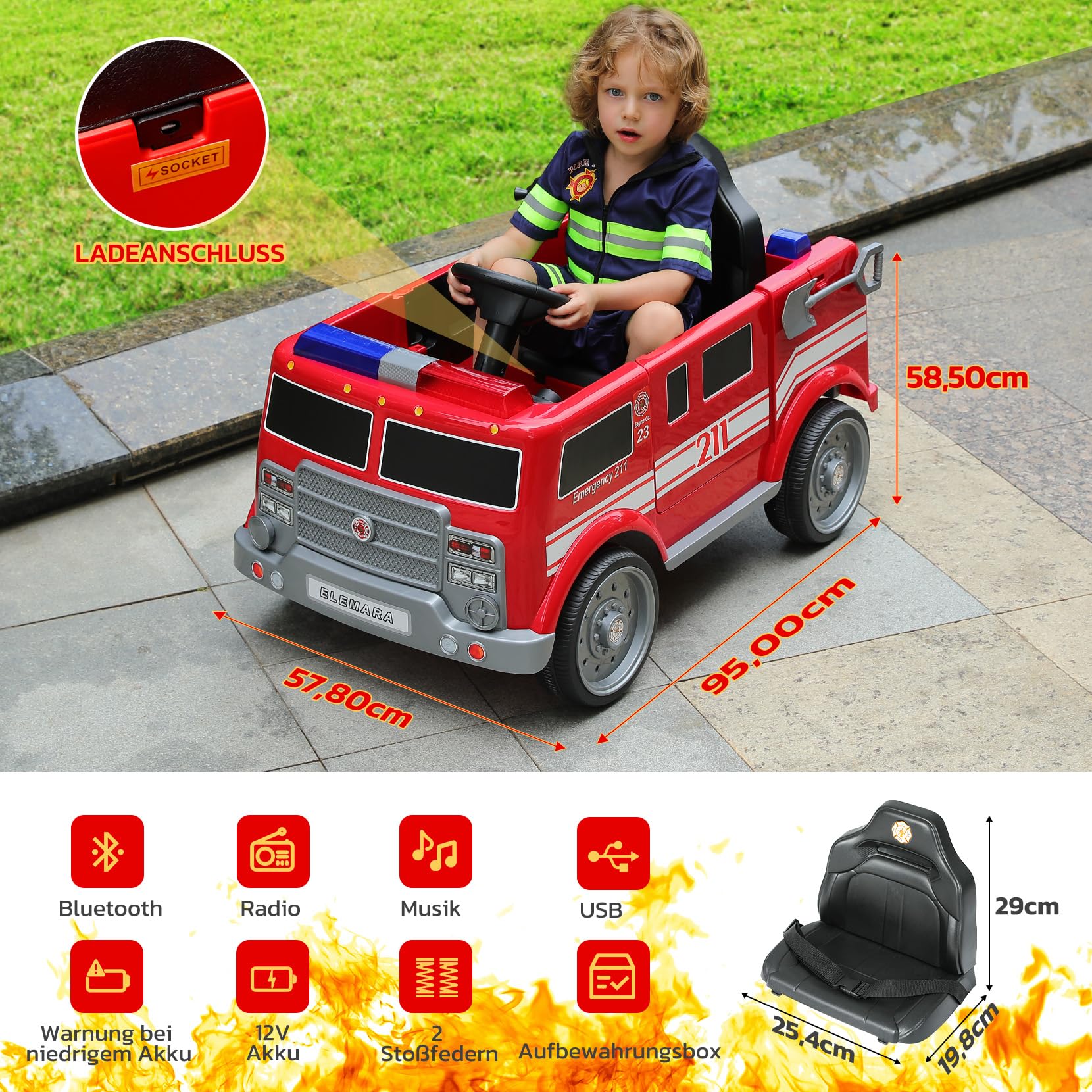 ELEMARA 12V Elektro Feuerwehrauto für Kinder,Elektroautos für Kinder im Alter von 3-6 Jahren,Elektrische Kinderautos mit Fernbedienung,batteriebetriebenes Kinderfahrzeug, mit Sirene, Walkie-Talkies