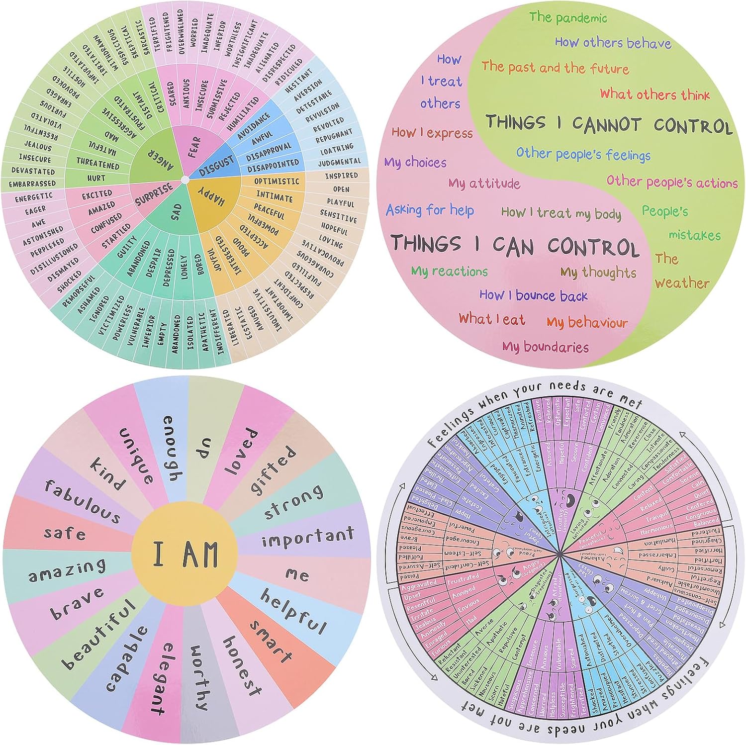 TEHAUX 4pcs Feelings Wheel Magnet, 7 Inch Emotion Wheel Magnet Magnetic Emotion Wheel Chart Magnet Fridge Magnet for Kid Counselor Social Worker School, 17.80X17.80X0.10CM